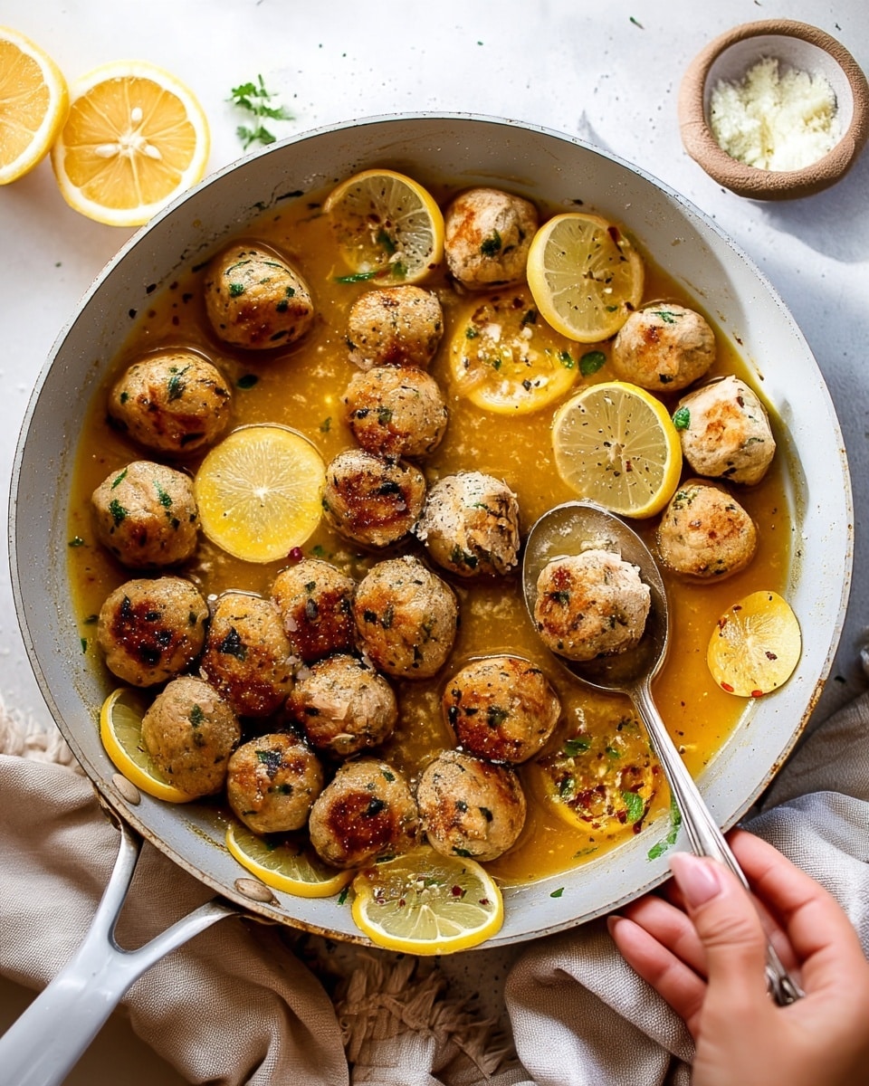 The image shows a close-up of many small, browned meatballs with visible green herbs in them, resting in a thick yellow sauce with lemon slices scattered throughout. A silver spoon is lifting one meatball out of the sauce. The lemon slices are thin, slightly translucent, with some herbs and small white bits sprinkled over the dish. The background is a white marbled texture. photo taken with an iphone --ar 4:5 --v 7
