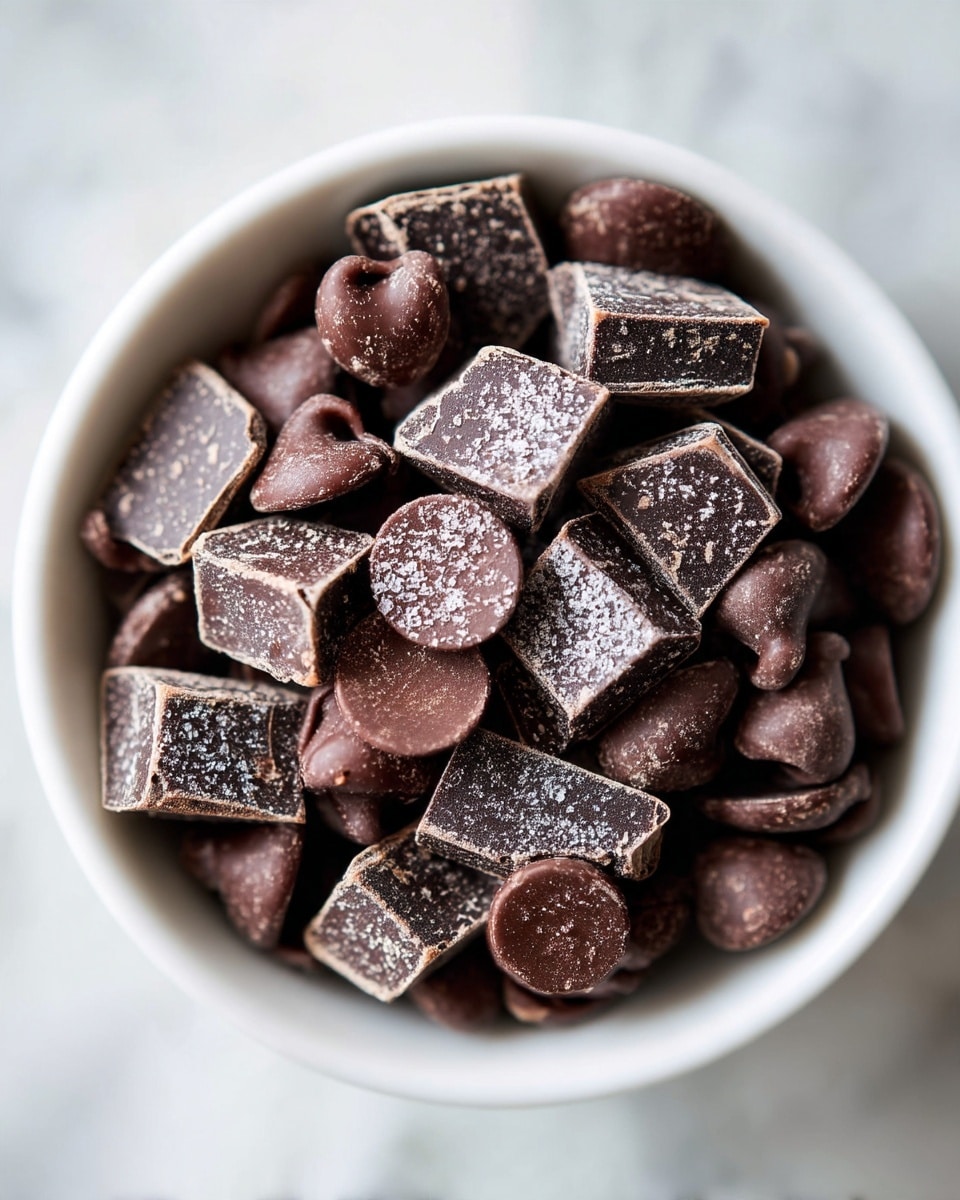 The image shows close-up pieces of dark brown chocolate in different shapes, mostly small squares and rounded chips. The chocolate looks solid with some texture and a light dusting of white powder on the surface. The pieces are piled together tightly in a white bowl. The background is a soft focus white marbled texture, giving a smooth and clean appearance. photo taken with an iphone --ar 4:5 --v 7