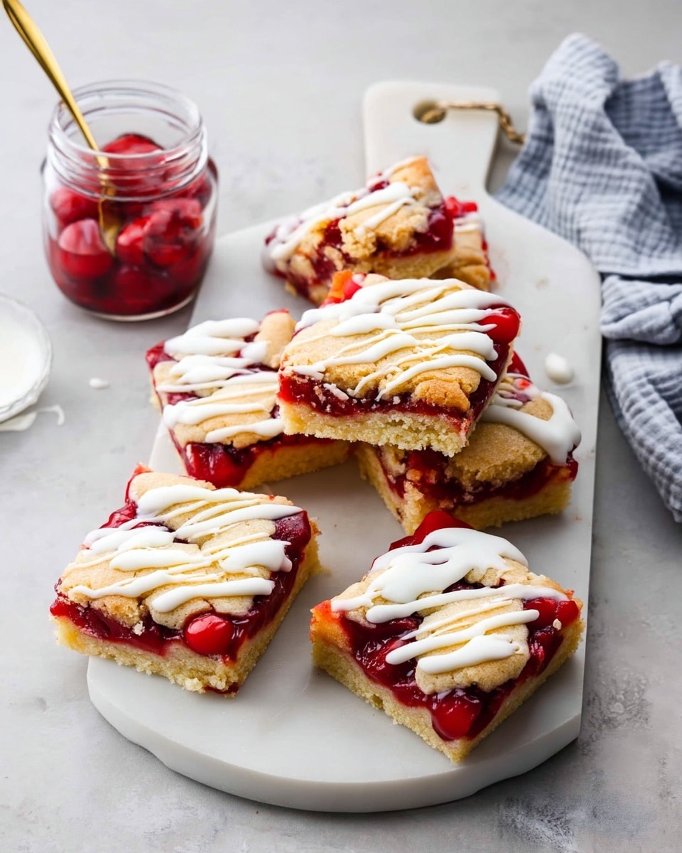 Seven square cherry dessert bars with three layers sit on a white marbled surface. Each bar has a bottom golden crust layer, a middle bright red cherry filling with visible whole cherries, and a top light golden crumbly layer. The bars are drizzled with thick white icing in loose, uneven lines on top. They are arranged on and around a white rectangular cutting board with a handle. To the side, a small clear jar filled with extra cherry filling and a small glass bowl holding more white icing with a gold spoon inside are placed. A crumpled soft gray cloth is in the corner. Photo taken with an iphone --ar 4:5 --v 7