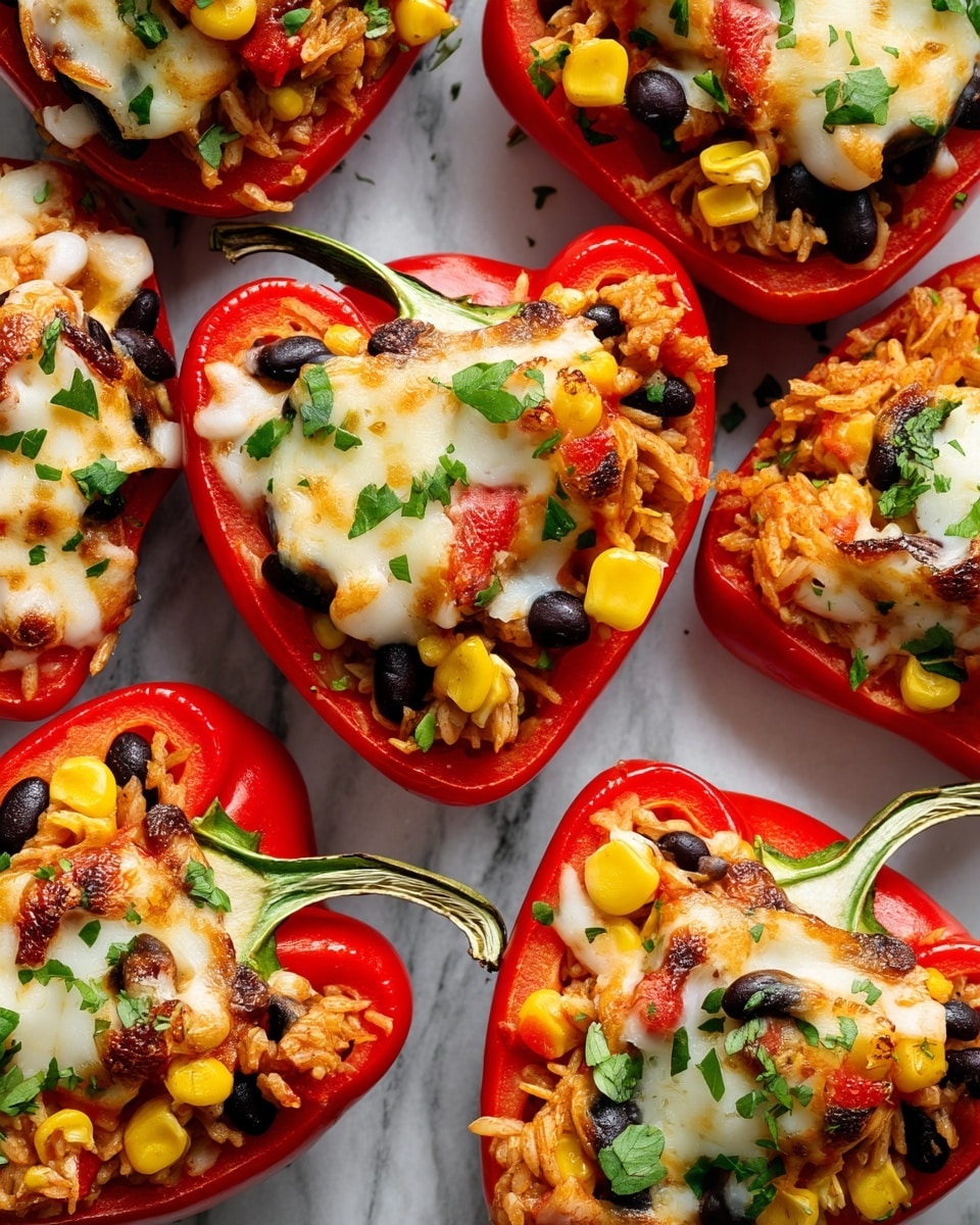 There are nine red bell pepper halves, each filled with a colorful mix of rice, black beans, corn, and tomato pieces, placed inside a white baking dish with handles on both sides. The filling is topped with melted cheese that is lightly browned, and each pepper is sprinkled with small green herb leaves for garnish. The white baking dish sits on a white marbled surface next to a black-and-white striped cloth. photo taken with an iphone --ar 4:5 --v 7