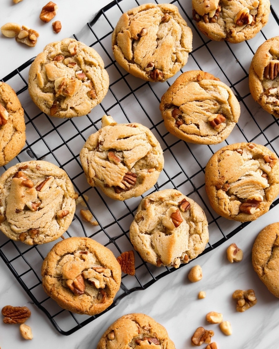 The image shows many round, light brown cookies with slightly cracked tops, placed close together on a black wire cooling rack. Each cookie has pieces of darker brown nuts mixed throughout, adding texture and contrast. The cookies look soft with a slightly crumbly surface, some showing deeper creases and rough edges. A few loose nut pieces are scattered around the edges of the rack. The whole setup is on a white marbled surface, creating a clean and bright background for the cookies. photo taken with an iphone --ar 4:5 --v 7