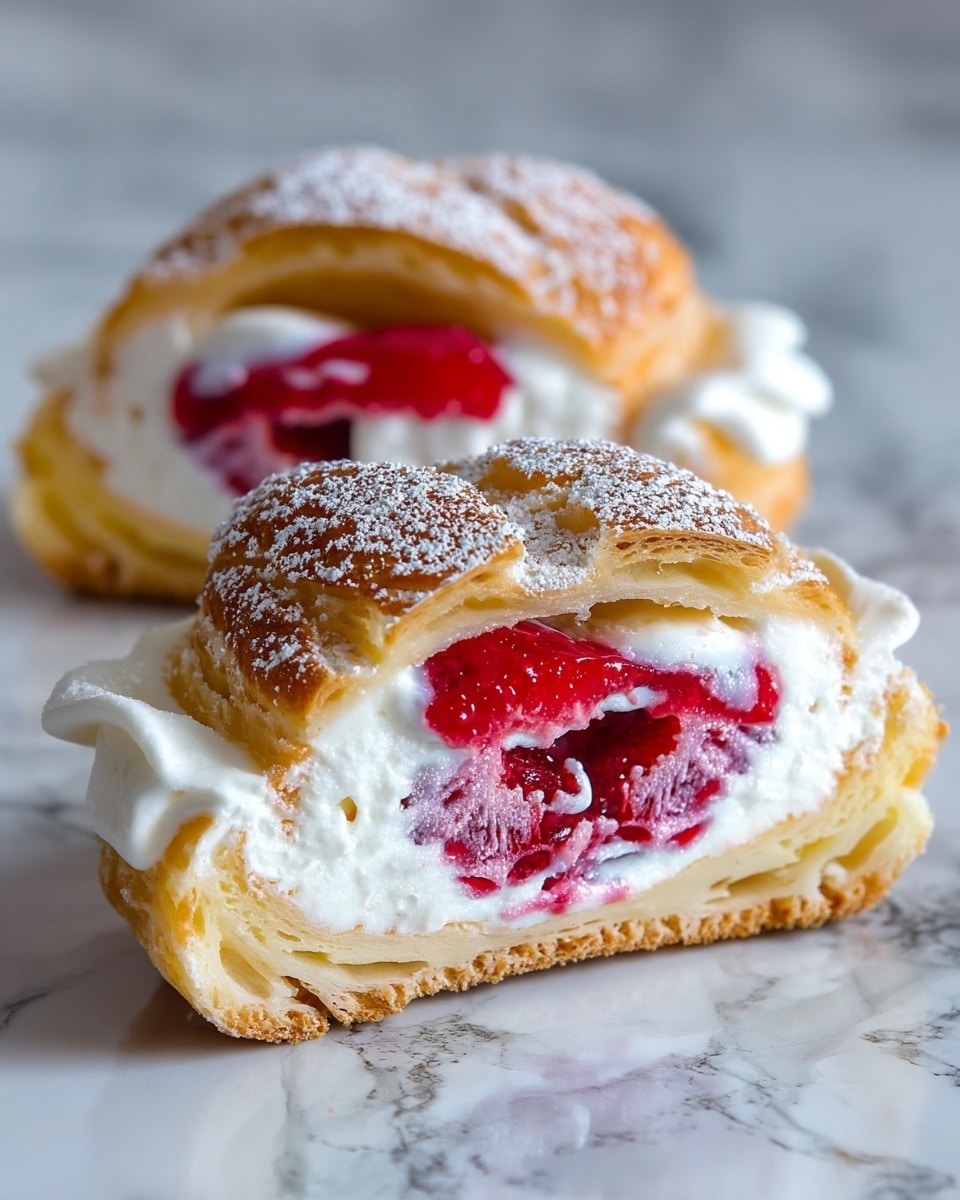 The image shows two pieces of a cream-filled pastry with powdered sugar dusted on top. Each piece has three layers: a light golden, flaky outer crust; a thick, white creamy filling inside; and a bright red fruit filling mixed into the cream. The pastry pieces rest on a surface with a white marbled texture. One piece is in front, clearly showing the creamy and fruity layers, while the other piece is blurred in the background. Photo taken with an iphone --ar 4:5 --v 7