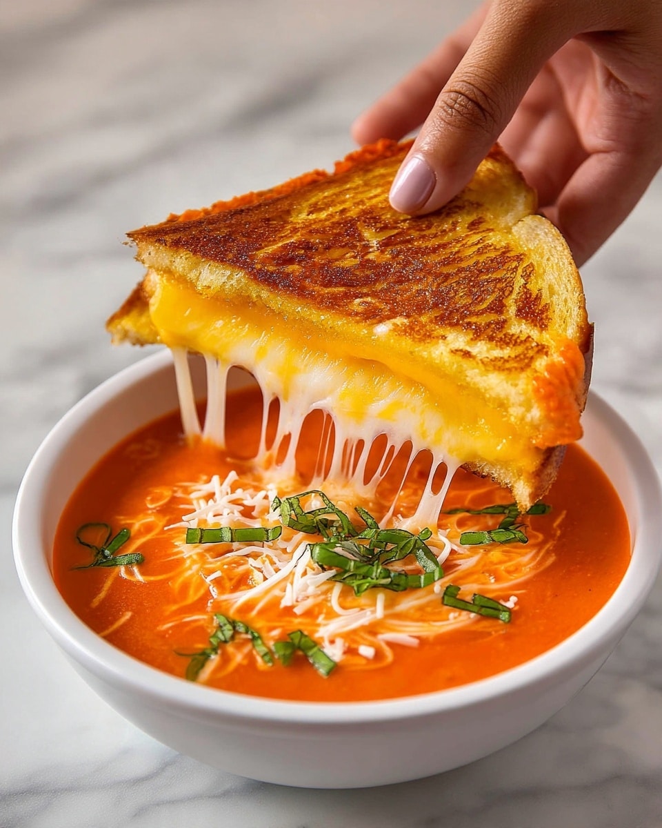 A close-up of a grilled cheese sandwich being dipped into a bowl of creamy orange tomato soup. The sandwich has a golden-brown toasted layer on top with melted white and yellow cheese stretching as it is dipped. The soup is smooth with a bright orange color, topped with scattered white shredded cheese and thin pieces of green basil leaves. The bowl is white and sits on a white marbled surface. A woman's hand holds the sandwich from above, showing part of the fingers grasping it. Photo taken with an iphone --ar 4:5 --v 7