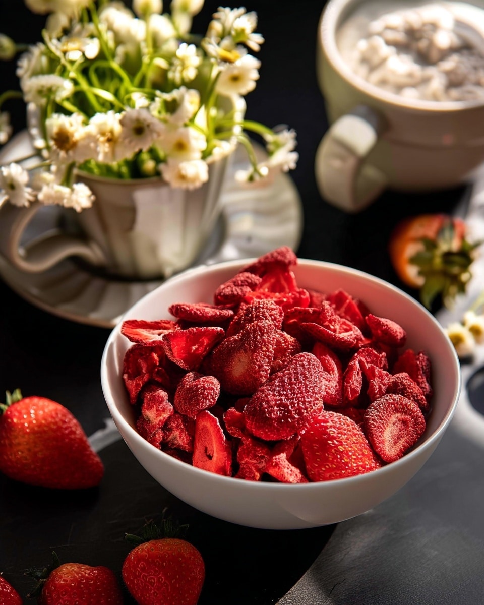 A white bowl filled with many bright red dried strawberry slices sits on a dark surface. Around the bowl, a few fresh strawberries and some dried strawberry pieces are spread randomly. Behind the bowl, there is a white cup holding small white flowers with green stems, placed on a matching white saucer. To the top right, a white bowl filled with a thick cream or yogurt is partly visible. The scene is lit with warm sunlight creating soft shadows. photo taken with an iphone --ar 4:5 --v 7
