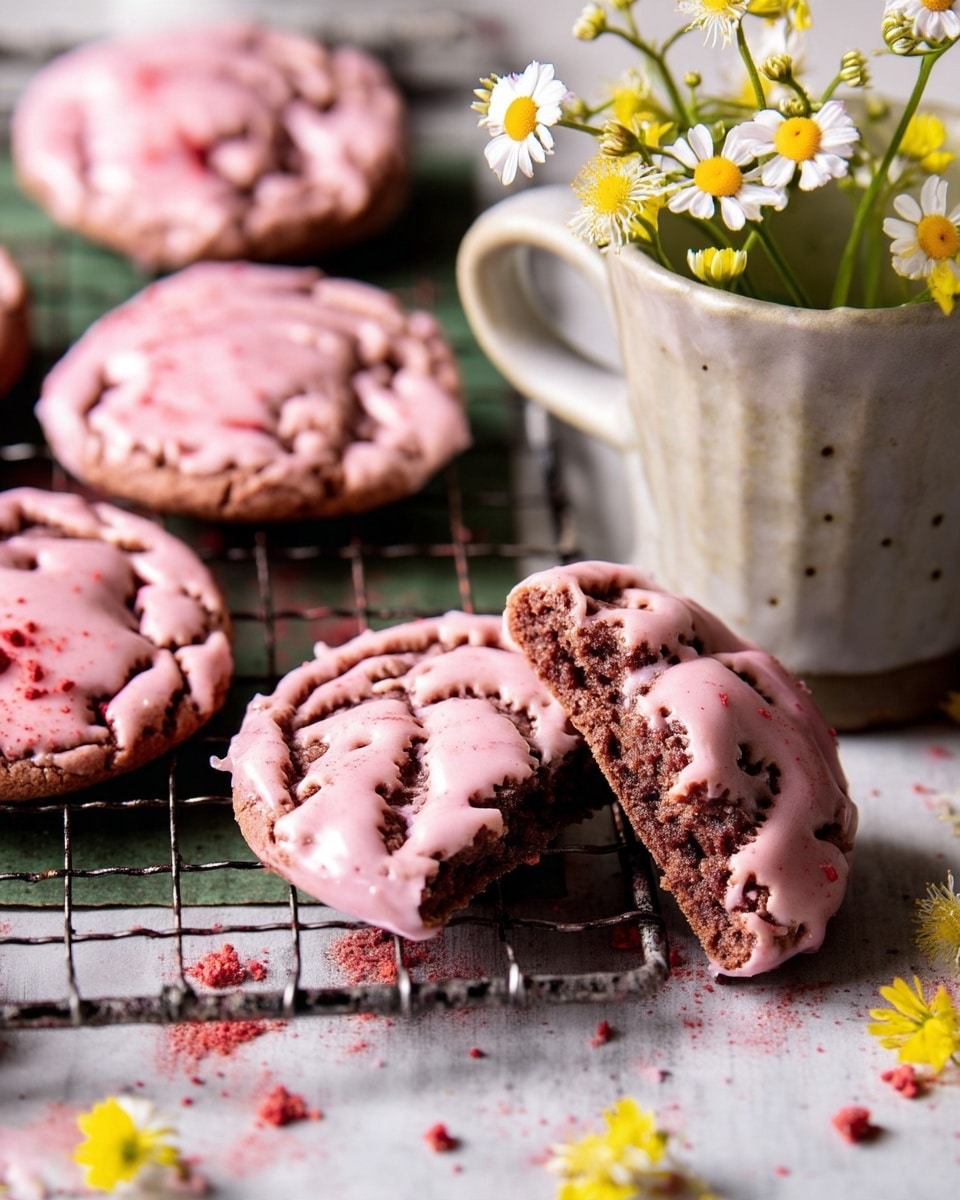 Several round cookies with cracked pink icing on top lie on a dark wire cooling rack over a white marbled surface. One cookie is broken in half showing a brownish inside with the pink icing cracked on top. Pink crumbs are scattered around. On the right side, there is a rustic white cup filled with small white and yellow flowers adding a fresh touch next to the cookies. The photo taken with an iphone --ar 4:5 --v 7