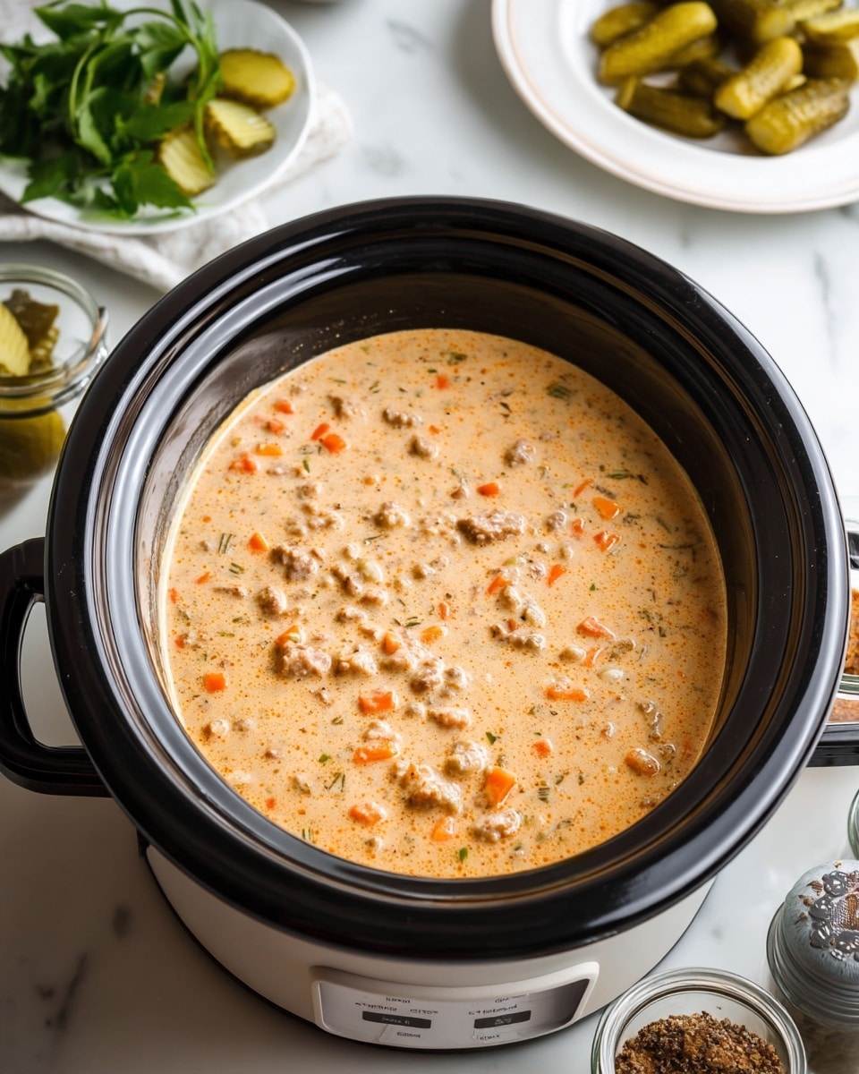 A close-up view of a slow cooker filled with thick creamy soup that has a light tan color mixed with small pieces of orange carrot, green celery, and bits of brown meat. The soup surface is slightly textured and smooth, with a soft shine. The slow cooker is white with black edges and handles, placed on a white marbled surface. Around it, there are a few small white plates, one with dark green leafy vegetables and sliced light green pickles, and some small kitchen jars and containers nearby. Photo taken with an iphone --ar 4:5 --v 7