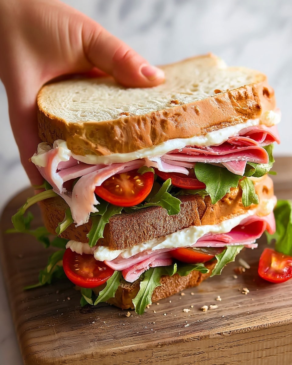 The image shows a close-up of a sandwich held by a woman's hand from the top left corner. The sandwich has three layers: the top layer is a slice of soft brown bread with a light crumb texture, the middle layer includes thin slices of pink ham folded with creamy white mayonnaise on top, and beneath that there are fresh green lettuce leaves and bright red tomato slices peeking out. The sandwich rests on a wooden board with some crumbs scattered around, and the background features a white marbled surface. Photo taken with an iphone --ar 4:5 --v 7