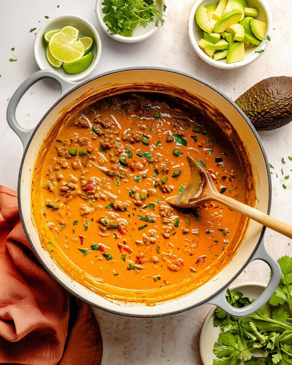 A large white pot filled with a thick, creamy orange stew that has visible small chunks of browned ground meat, softened green bell peppers, and diced tomatoes mixed throughout. The stew is garnished with small bits of fresh chopped green herbs on top. A wooden spoon is resting inside the pot, partly submerged in the sauce. Around the pot, there are three small white bowls — one with fresh lime wedges, one with slices of avocado, and one with sprigs of green cilantro. An uncut avocado sits near the bowls. The scene is set on a white marbled surface with a burnt orange cloth napkin partially visible on the left side. Photo taken with an iphone --ar 4:5 --v 7