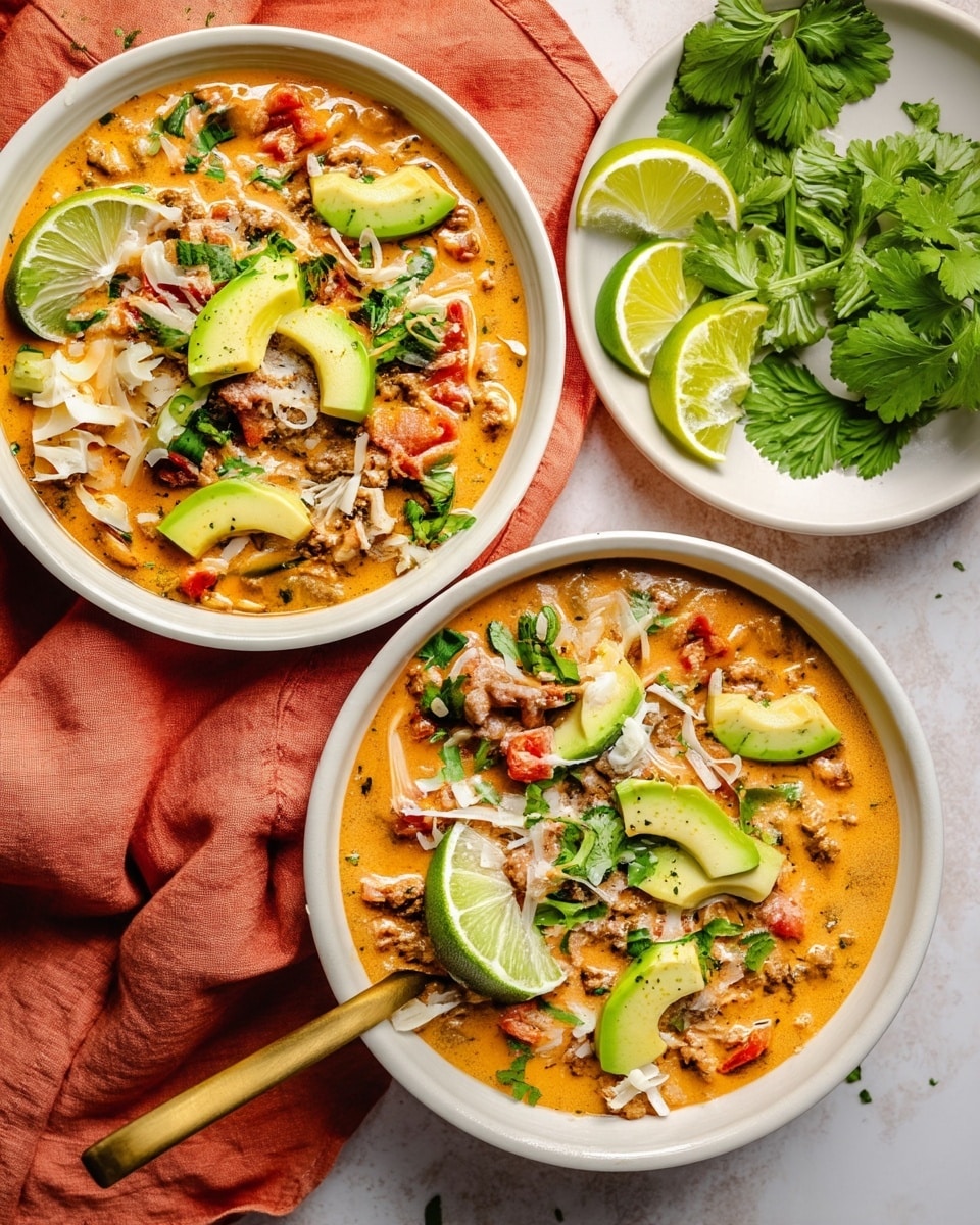 Two white bowls are filled with a creamy orange soup that has visible pieces of ground meat, diced tomatoes, and green herbs mixed throughout. Each bowl is topped with slices of bright green avocado arranged in a half-circle near the edge, some fresh chopped green herbs sprinkled over the top, thin shredded white cheese, and a quarter lime wedge placed on one side. Each bowl has a long gold spoon resting inside, with its handle leaning out over the edge. Around the bowls, there are small white bowls holding lime wedges and avocado chunks. A whole avocado and a white plate with fresh green cilantro leaves are also visible on the white marbled surface. The bowls rest partly on a soft rust-colored cloth. Photo taken with an iphone --ar 4:5 --v 7