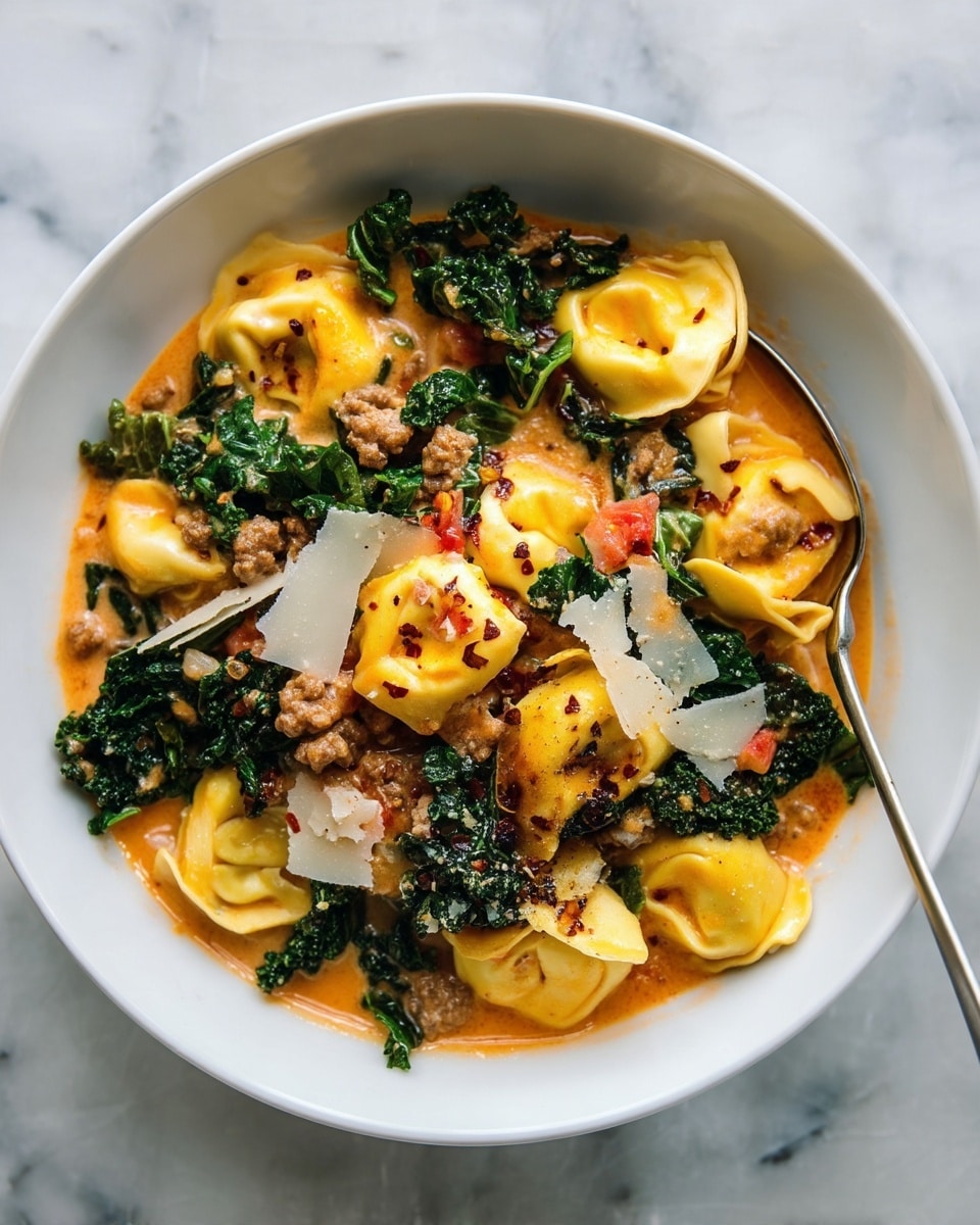 A deep black pot with dark green handles filled with creamy orange soup, showing about three layers: a base of smooth, orange broth with small bits of ground meat, a middle layer of pale yellow tortellini pasta floating throughout, and a top layer of dark green kale leaves spread evenly, with some red chili flakes sprinkled. A large brass-colored ladle is partially submerged on the right side, with its handle resting on a striped blue and white cloth, on a white marbled surface. photo taken with an iphone --ar 4:5 --v 7