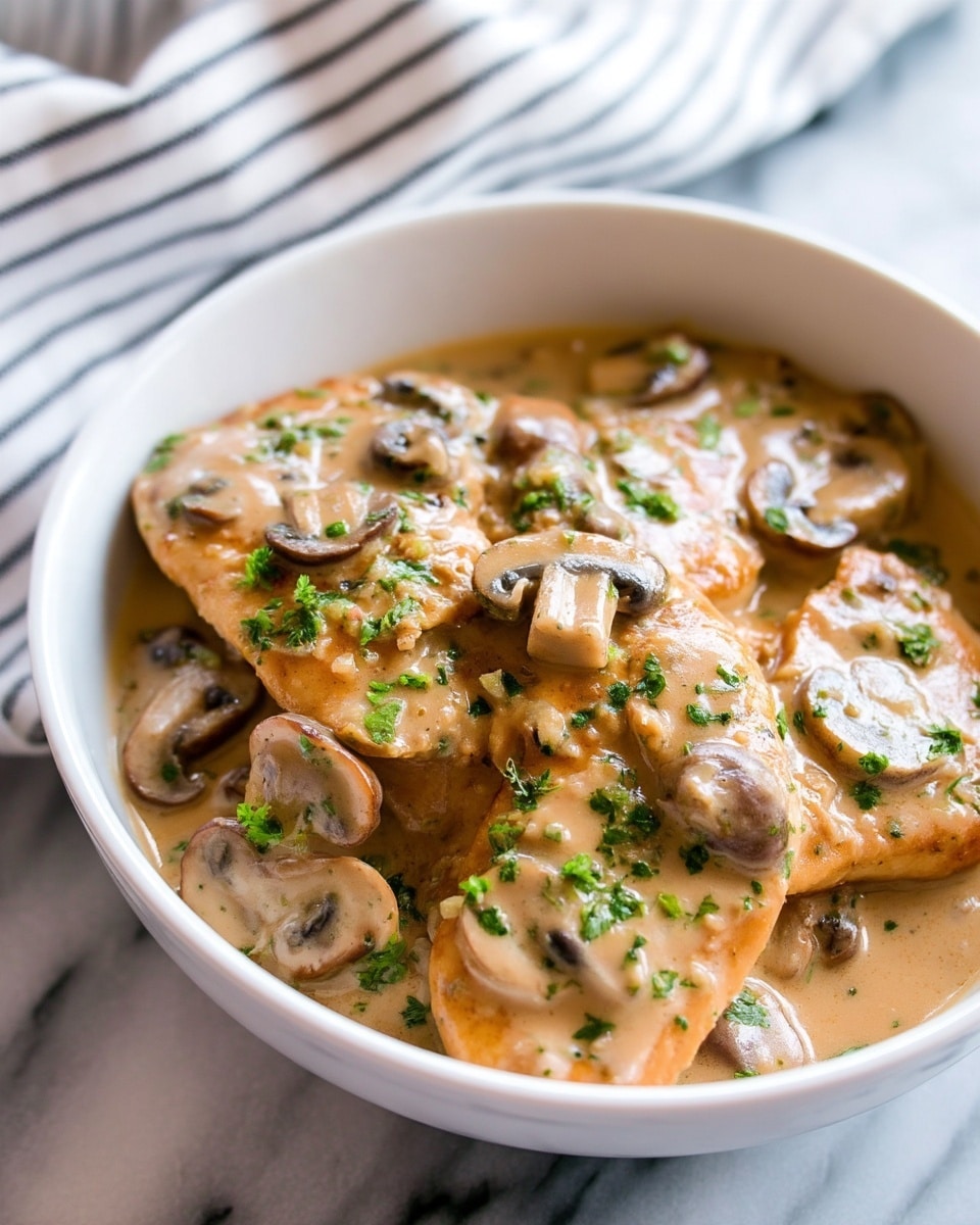 The image shows a close-up of a white bowl filled with cooked chicken pieces covered in a creamy beige sauce with visible mushrooms and green herbs scattered on top. The sauce looks smooth and slightly thick, coating the chicken and mushrooms evenly. The chicken has a light golden-brown color, and the mushrooms appear soft with a natural brown shade. A white marbled surface is underneath the bowl, and a striped cloth is partially visible beside it. Photo taken with an iphone --ar 4:5 --v 7