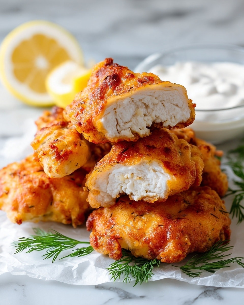 The image shows several pieces of golden-brown fried chicken stacked close together on white parchment paper with some green dill beneath them. The top piece is broken open to reveal juicy, white meat inside with a crispy, unevenly textured coating outside. In the background, a glass bowl filled with white creamy sauce and a few lemon slices add to the scene. The surface underneath is white marbled, giving a clean and fresh contrast to the warm tones of the fried chicken. Photo taken with an iphone --ar 4:5 --v 7