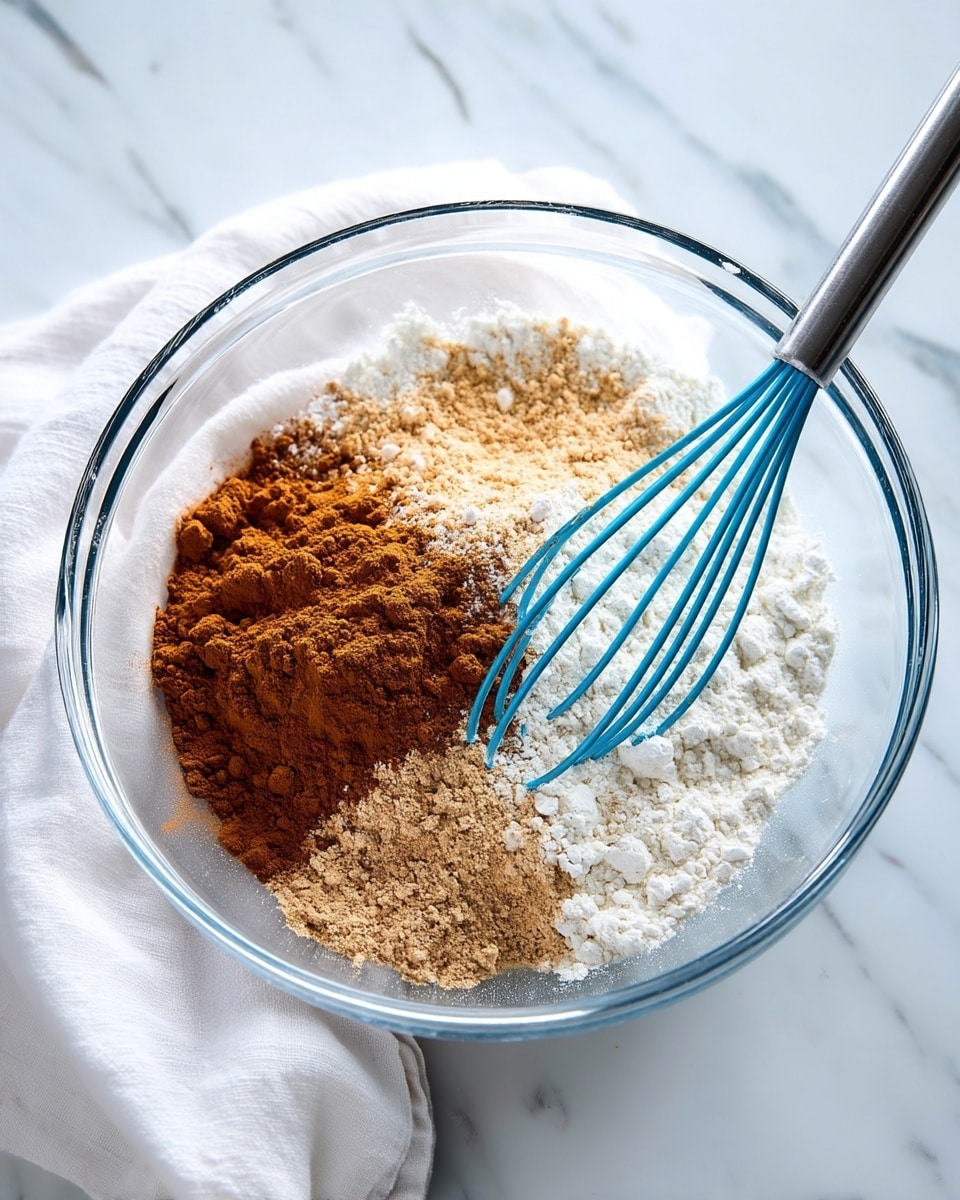 A clear glass bowl holds a mix of dry ingredients on a white marbled surface with a white cloth partially under the bowl. Inside the bowl, there are three different layers of powders: a white flour layer forming the base, topped with a slightly darker beige powder layer on one side and a rich brown cinnamon-colored powder layer on the other. A blue whisk with a silver handle is standing inside the bowl, touching the powders on the right side. The scene is bright and clean with soft natural light. Photo taken with an iphone --ar 4:5 --v 7