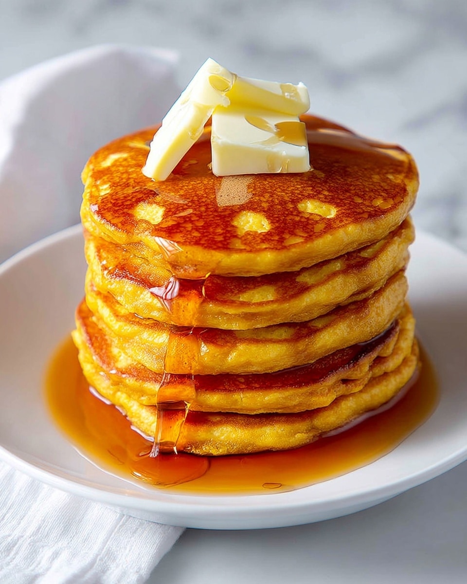 A stack of five golden brown pancakes sits centered on a white plate, each pancake thick and fluffy with a slightly uneven edge. The pancakes have a warm, lightly speckled texture showing their cooked surface. Two small square pieces of soft pale yellow butter rest on top of the stack, with a thin drizzle of amber syrup cascading down the sides, pooling slightly at the base on the plate. The plate is placed on a white marbled surface with a hint of a white cloth napkin nearby. Photo taken with an iphone --ar 4:5 --v 7