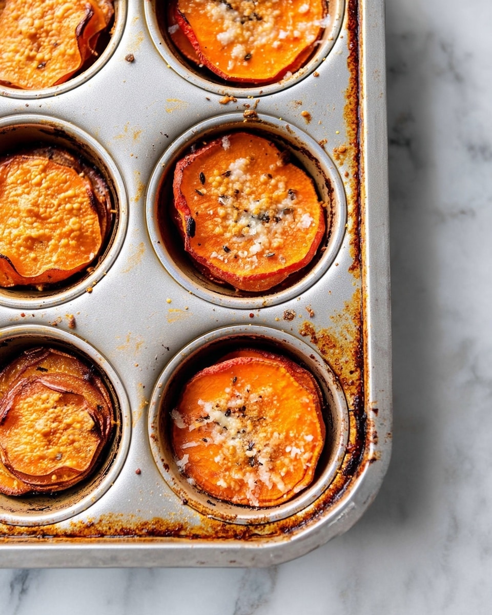 Two small stacks of thinly sliced orange sweet potatoes are layered inside a silver muffin pan. Each stack has around 10 overlapping slices creating a round shape. The edges of the slices are slightly browned and crispy, with bits of melted cheese sprinkled on top. The metal pan shows some burnt crumbs and oil stains around the cups. The whole image rests on a white marbled texture. Photo taken with an iphone --ar 4:5 --v 7