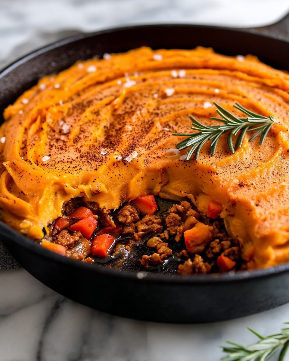 A close-up view of a black skillet with a layered shepherd's pie inside. The bottom layer has cooked ground meat mixed with bright orange, thick carrot pieces and bits of onion, showing a rich brown color with a shiny texture. The top layer is a thick, smooth spread of bright orange mashed sweet potato, marked with gentle ridges across the surface, sprinkled with black pepper and flaky salt crystals, and garnished with a small fresh rosemary sprig on the side. Part of the pie is missing, revealing the two distinct layers. The skillet is placed on a white marbled surface. Photo taken with an iphone --ar 4:5 --v 7