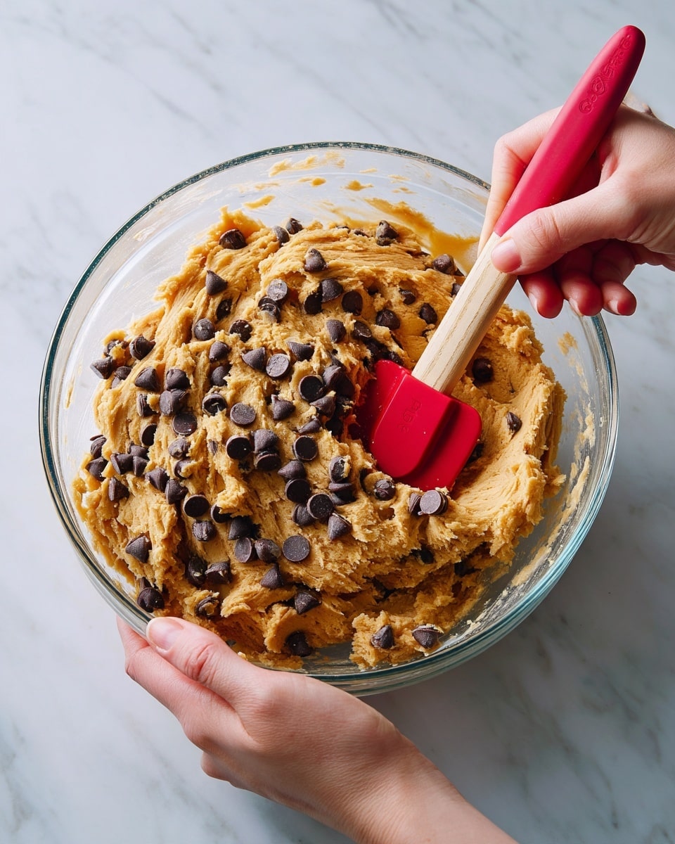 A close-up of a clear glass bowl filled with thick, light brown cookie dough mixed with many dark brown chocolate chips. A red spatula is partially stuck into the dough, lifting some and showing a soft texture with chips embedded inside. A woman’s hand is holding the bowl on the white marbled surface, while another woman’s hand is holding the spatula. In the background, there is a blurred orange pumpkin, adding a warm, cozy feel. photo taken with an iphone --ar 4:5 --v 7