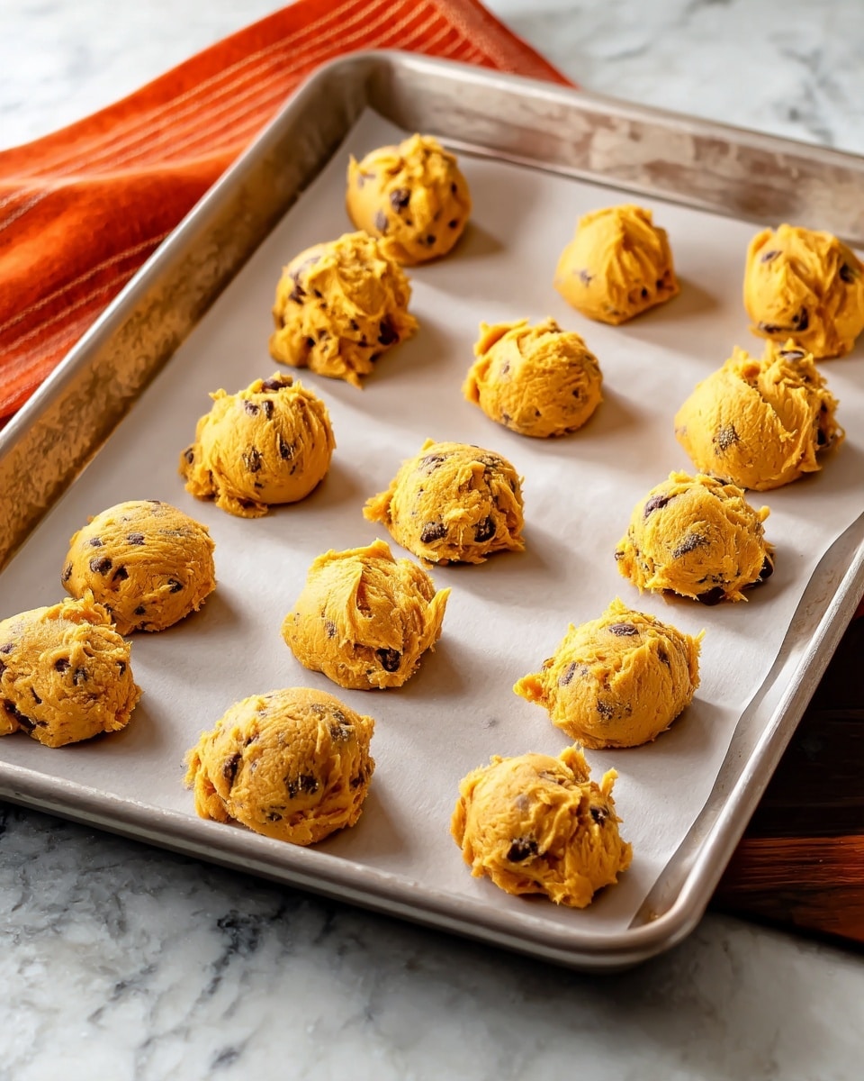 A metal baking tray is covered with white parchment paper and holds thirteen unevenly shaped cookie dough balls spread in rows, each dough ball a light orange color with small dark pieces mixed in. The tray is placed on a surface with a white marbled texture, and part of an orange cloth is seen at the top left corner. The cookie dough looks soft with a rough texture, and the balls vary slightly in size and shape photo taken with an iphone --ar 4:5 --v 7
