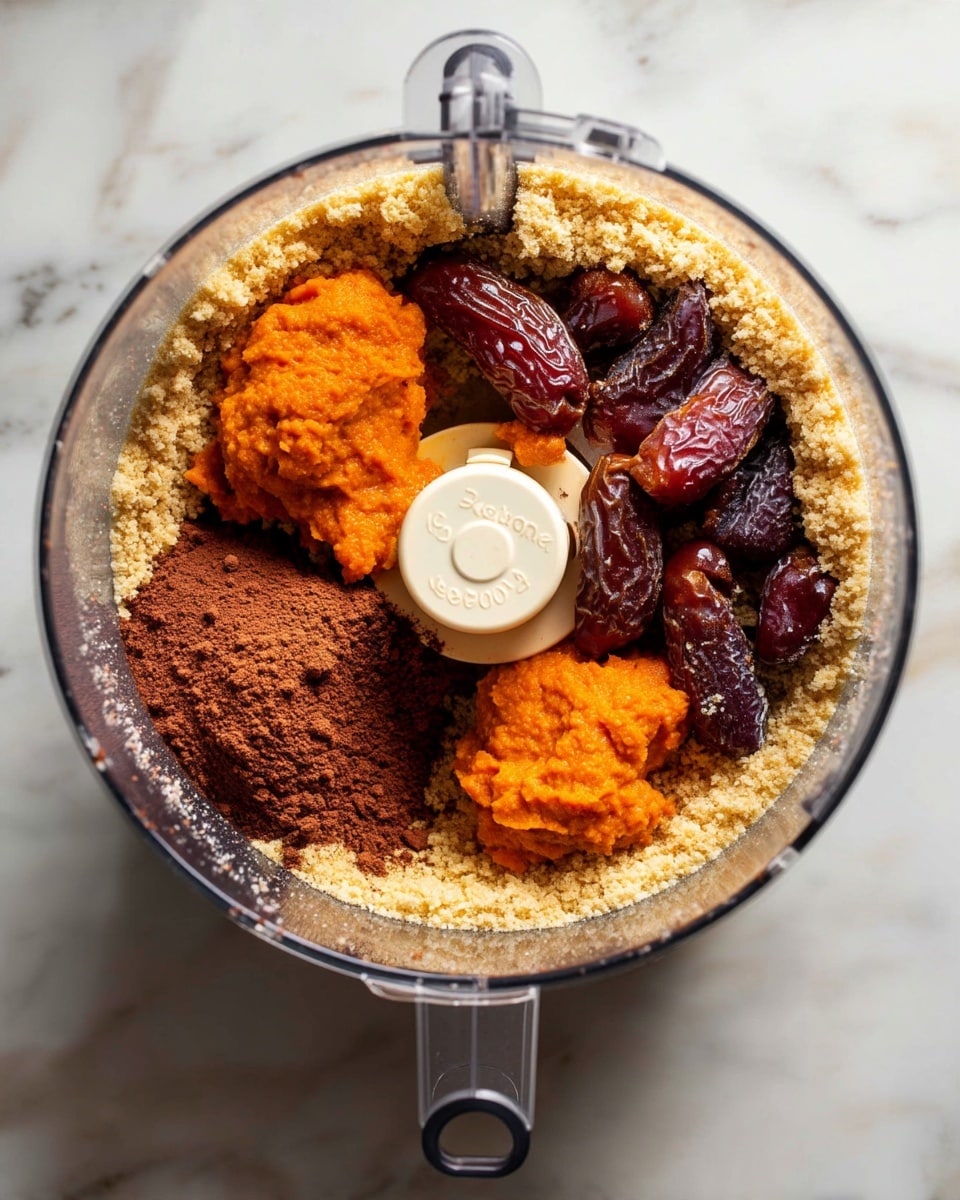 A clear food processor bowl contains several layers of ingredients arranged separately around the center blade. The bottom layer is finely chopped light brown nuts covering the base. On top, there are dark brown dried dates placed unevenly in a ring. To the left, a soft pile of rich brown cocoa powder rests beside the dates. On the right side, a bright orange mashed mixture is heaped. The food processor sits on a white marbled surface, and the image is bright and clear. Photo taken with an iphone --ar 4:5 --v 7