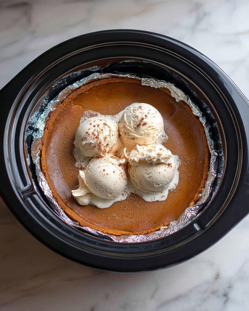 A dark brown pie with a smooth surface is inside a black pot lined with crinkled silver foil. On top of the pie, there are three light cream-colored scoops of ice cream, slightly melting with some brown powder sprinkled over them. The pot rests on a white marbled surface. photo taken with an iphone --ar 4:5 --v 7