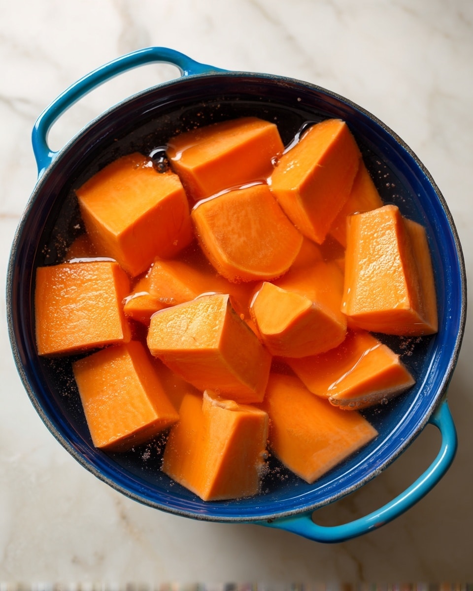 A white pot filled with orange sweet potato chunks in water, showing many large, uneven pieces submerged. The pot sits on a white marbled surface, the bright orange of the sweet potatoes contrasting with the light broth and the white pot’s smooth rim visible around the top edge. The image focuses closely on the pot’s contents, highlighting the soft texture and bright color of the sweet potatoes. photo taken with an iphone --ar 4:5 --v 7