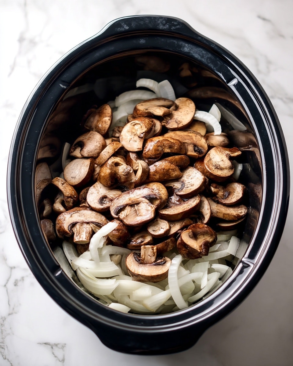 The image shows a white oval slow cooker filled with two main layers of food. The bottom layer is made of thinly sliced white onions, laying flat and partly visible under the top layer. The top layer has many sliced brown mushrooms spread evenly across the onions. The mushrooms have a light brown color and soft texture, looking fresh and moist. The slow cooker sits on a white marbled surface, adding a clean background. photo taken with an iphone --ar 4:5 --v 7