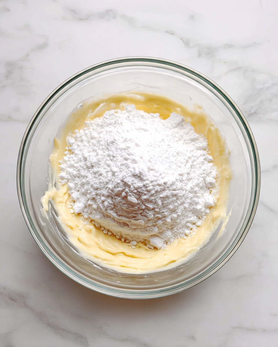 A clear glass bowl holds a creamy pale yellow mixture on the left side, smooth and thick, with a pile of white powdered sugar on the right side waiting to be mixed in. The bowl sits on a white marbled surface, showing some powder dust scattered around the edges. photo taken with an iphone --ar 4:5 --v 7