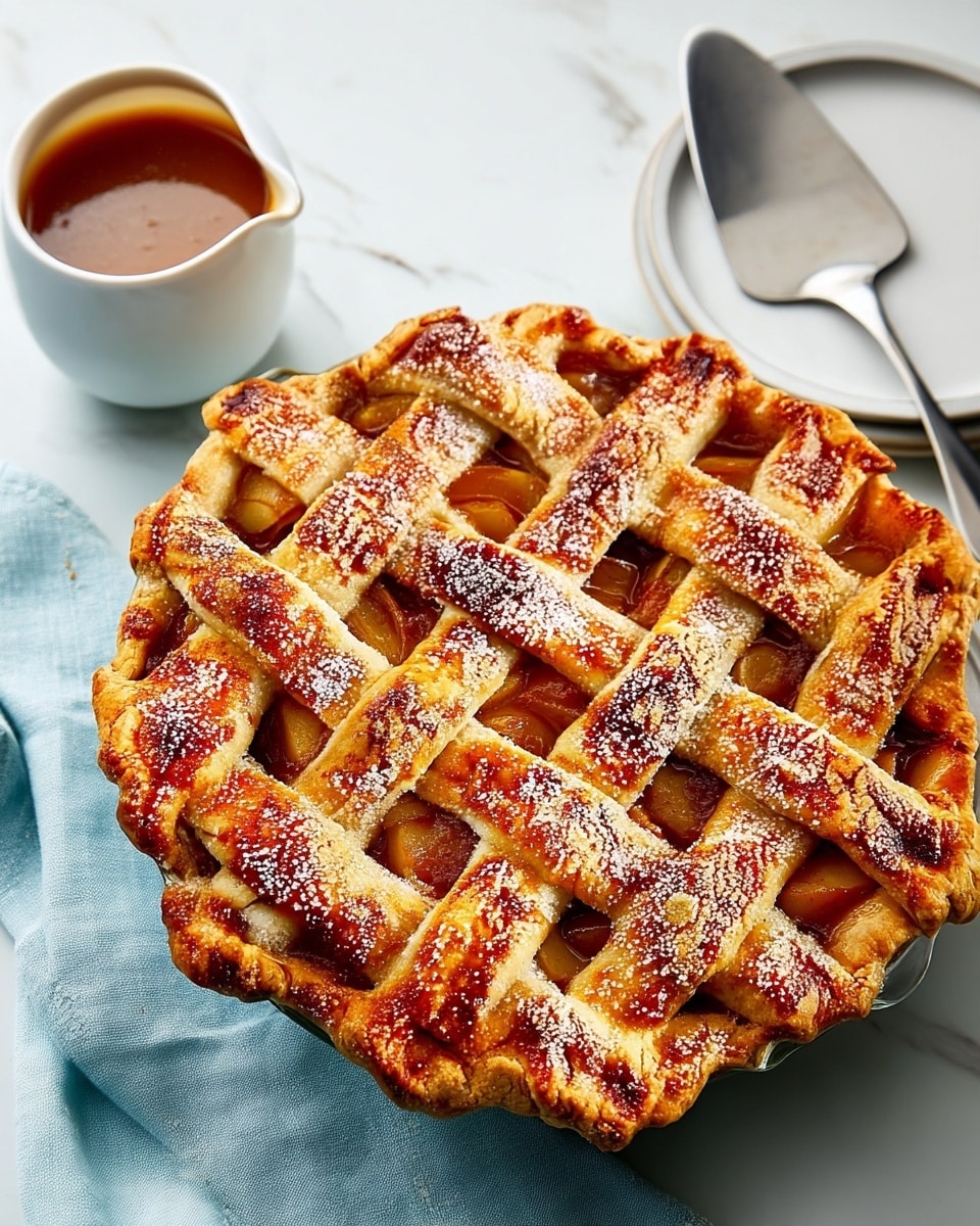 A golden brown lattice apple pie sits on a white marbled surface, showing 10 thick, woven crust strips dusted with coarse sugar creating a sparkly top texture. Next to the pie on the right is a small white plate with a silver pie server resting on it, placed on a light blue cloth. On the left side, there is a white sauce bowl filled with caramel sauce. The crust appears flaky and crisp with slightly darker edges and the filling peeks through the lattice showing soft cooked apple slices. Photo taken with an iphone --ar 4:5 --v 7