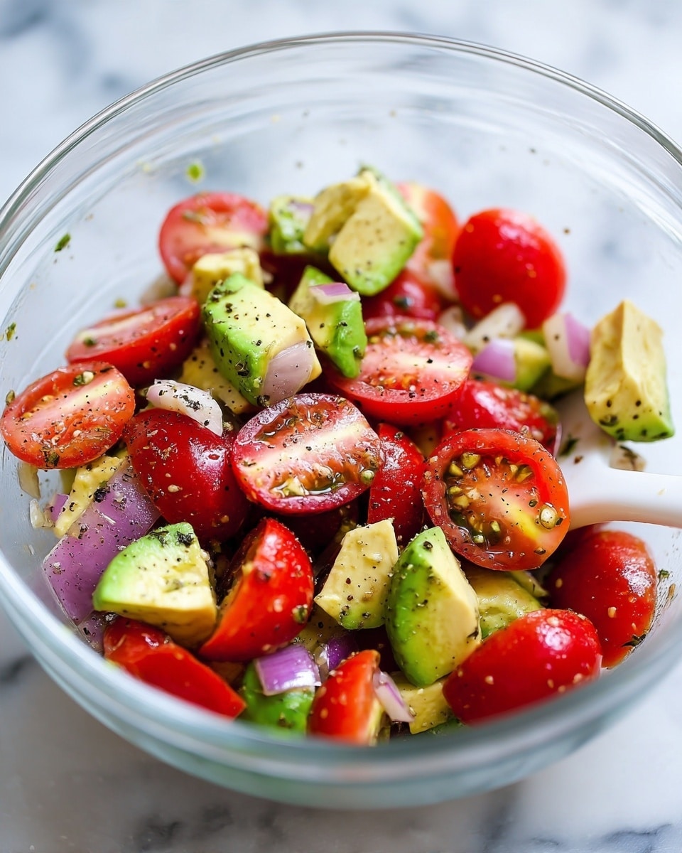 The image shows a clear glass bowl filled with a fresh salad made of halved red cherry tomatoes, light green avocado chunks, and small pieces of purple onion. The salad is lightly seasoned with black pepper and mixed together, with a white utensil partially visible among the ingredients. The bowl sits on a white marbled surface, highlighting the vibrant colors of the salad. photo taken with an iphone --ar 4:5 --v 7