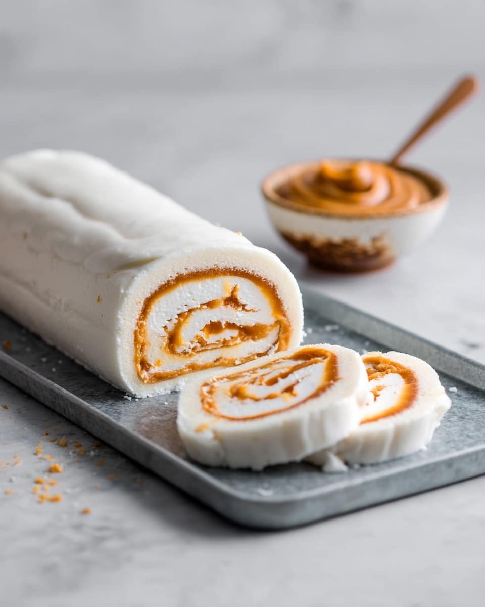 The image shows a rolled dessert log placed on a grey baking tray with a white marbled texture surface. The dessert consists of about two layers: a thick white outer layer that looks soft and smooth, and a caramel-colored inner layer that is thick and swirled within the roll. One end of the roll is sliced into several round pieces, showing the clear swirl pattern of the white and caramel layers inside. In the background, there is a small bowl with a similar caramel-colored spread. The image is softly lit with a clean and simple look. Photo taken with an iphone --ar 4:5 --v 7