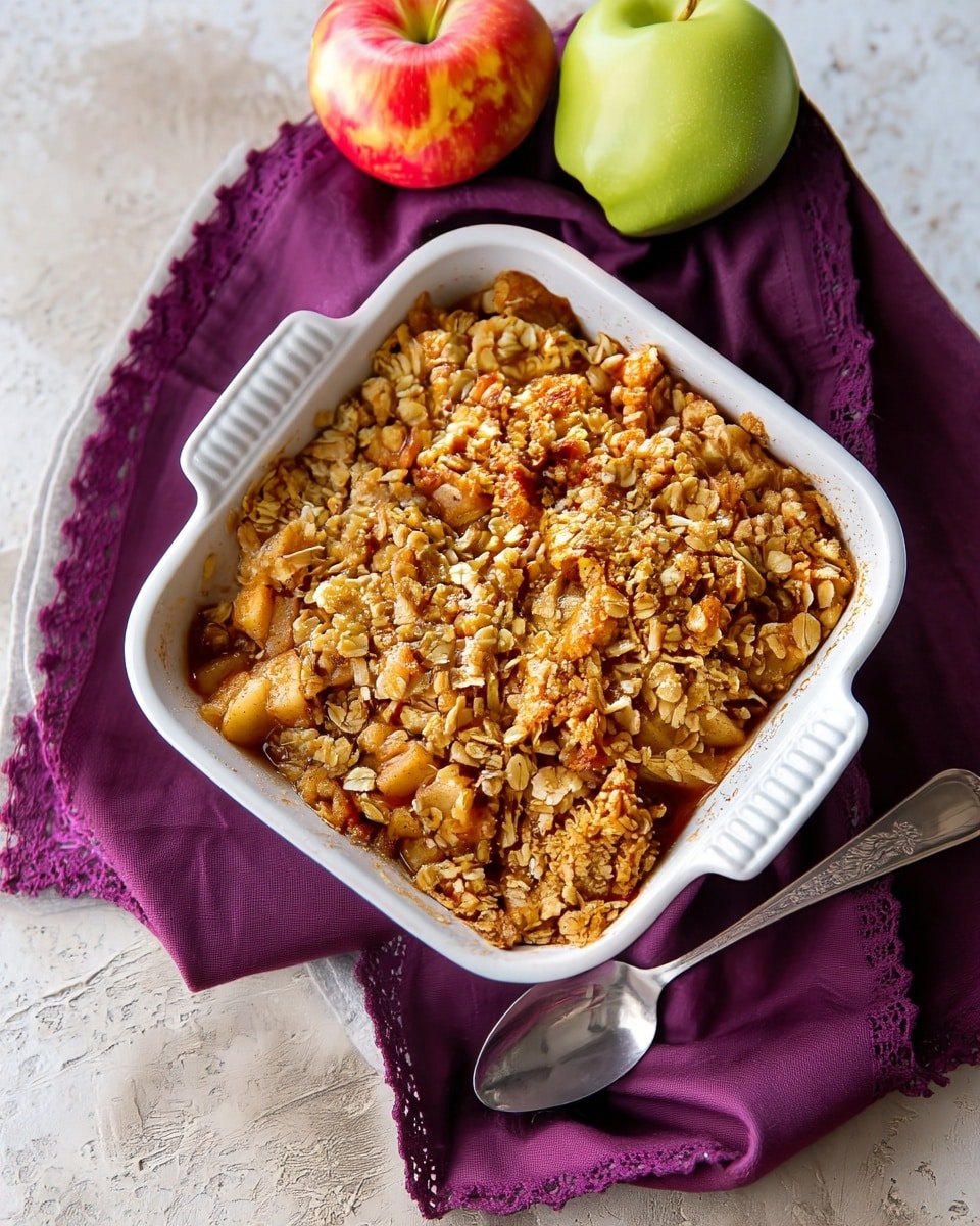 The image shows a white square baking dish filled with an apple crisp topped with a golden brown, crumbly oat and sugar layer that covers soft, light brown baked apple pieces underneath. The crisp topping is textured with visible oats, small crunchy clumps, and a slightly rough surface. The dish sits on a folded plum-purple cloth napkin with a lace edge on a white marbled textured surface. A silver spoon is placed near the corner of the dish, and a red and a green apple rest near the top edge of the frame. Photo taken with an iphone --ar 4:5 --v 7