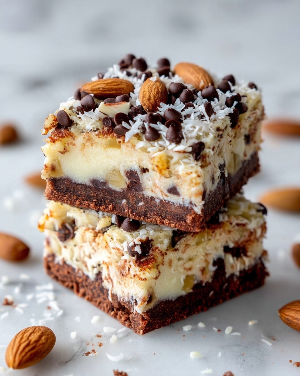The image shows two square dessert bars stacked on top of each other on a white marbled surface. Each bar has two distinct layers: the bottom layer is a dense, dark brown crust with a crumbly texture, while the top layer is thick and creamy with a light beige color and small dark chocolate chips mixed in. The top surface of the top bar is decorated with whole almonds, chocolate chips, and a light sprinkling of shredded coconut. There are some crumbs and coconut flakes scattered around the bars on the surface. photo taken with an iphone --ar 4:5 --v 7