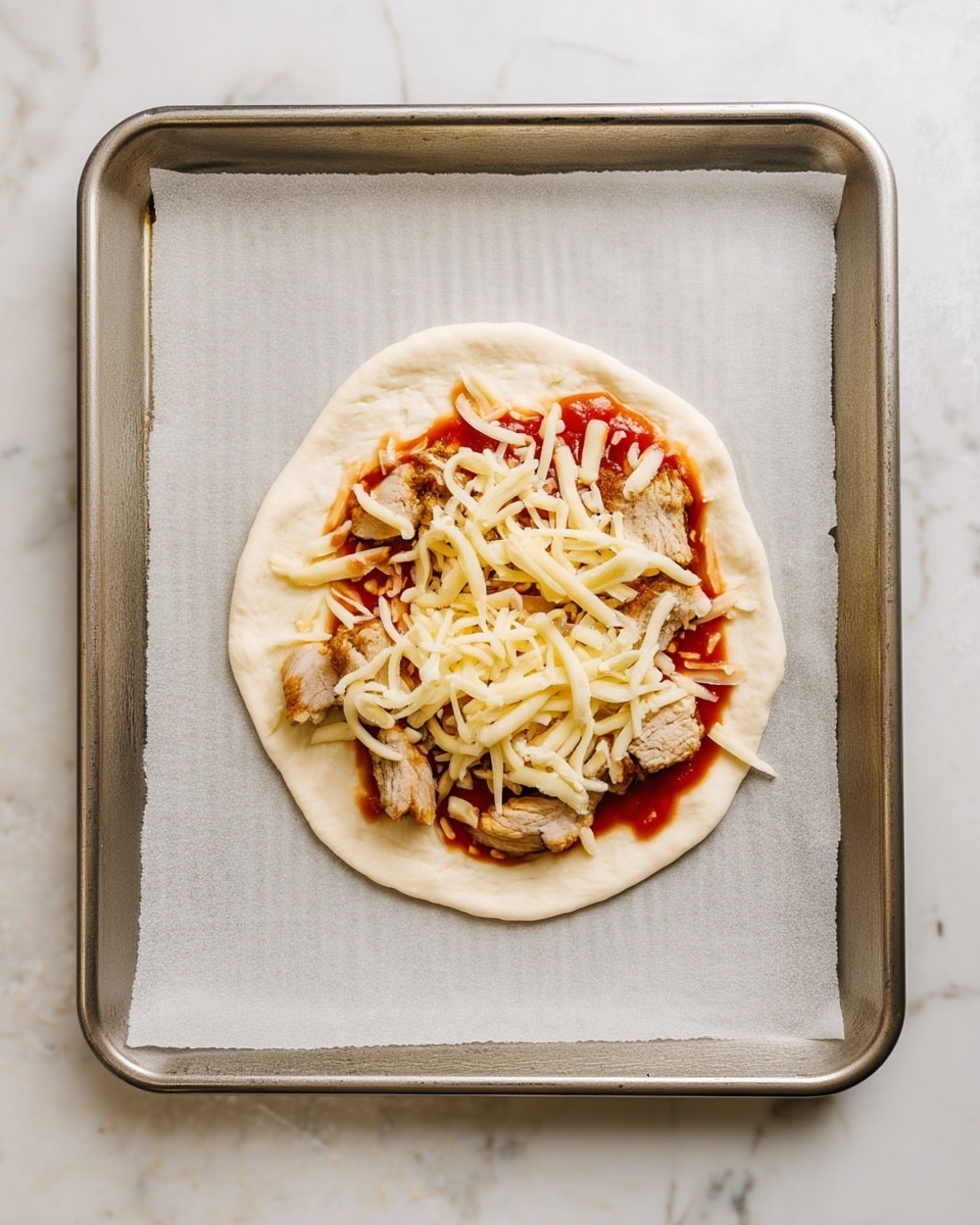 A small round flat white dough piece is placed on a baking tray lined with parchment paper. On top of the dough, there is a layer of red sauce spread in the center. Above the sauce, there are several pieces of cooked light brown meat arranged. The top layer is a sprinkle of shredded pale yellow cheese scattered unevenly over the meat and sauce. The edges of the dough are clean and smooth, and the tray rests on a white marbled surface. Photo taken with an iphone --ar 4:5 --v 7