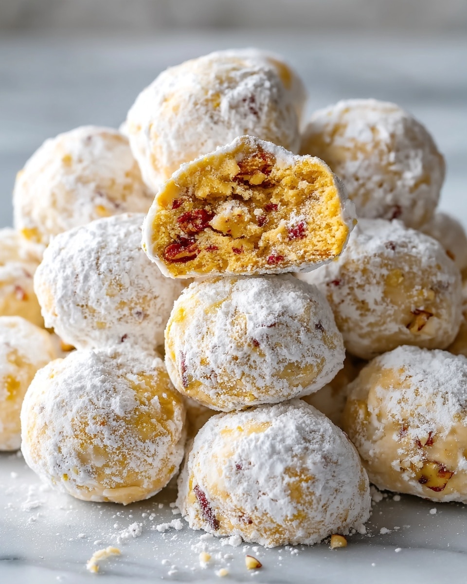 The image shows round cookies covered in a thick layer of white powdered sugar, making them look fluffy and soft. One cookie is placed on top with a bite taken out, revealing a light tan inside with small reddish-brown pecan pieces scattered throughout. The cookies are stacked on a white marbled surface, with a few pecan halves lying next to them. The texture of the cookies inside looks crumbly but moist, and the powdered sugar coating is uneven but generous. photo taken with an iphone --ar 4:5 --v 7