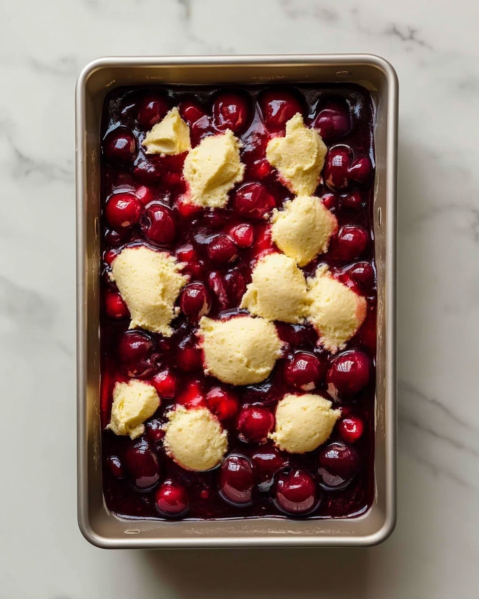 A metal baking tray filled with a dessert made of three visible layers: the bottom layer is dark red cherry filling with whole cherries and a glossy texture; on top of the cherries, there are uneven dollops of light yellow biscuit dough with a soft and rough texture scattered across the surface. The tray is set on a white marbled surface. photo taken with an iphone --ar 4:5 --v 7