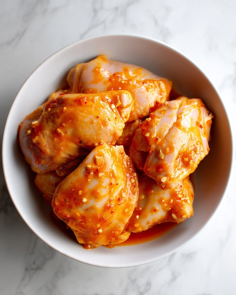 A white bowl filled with several pieces of raw chicken coated evenly in a thick orange sauce with visible small bits of garlic or seasoning. The chicken pieces are layered slightly on top of each other, showing their pale pink skin beneath the sauce. The bowl is placed on a white marbled surface, creating a clean and simple background. The sauce has a shiny texture, giving the chicken a moist appearance. Photo taken with an iphone --ar 4:5 --v 7