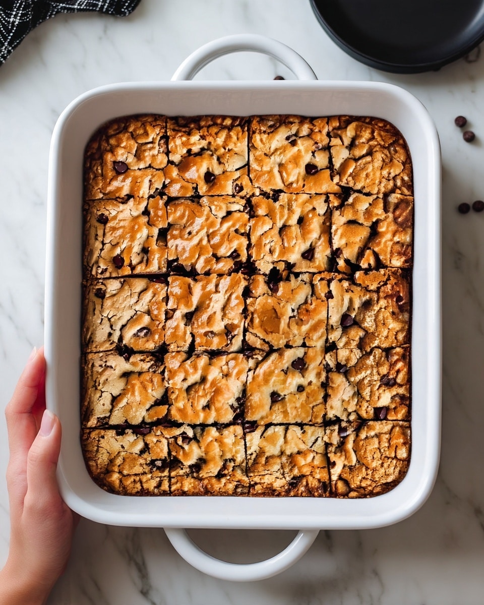 The image shows a rectangular white baking dish filled with a freshly baked golden-brown chocolate chip cookie bar. The cookie bar has visible cracks on the top, with dark chocolate chips scattered evenly throughout its surface. It is cut into 15 square pieces arranged in 3 rows and 5 columns. The baking dish sits on a white marbled surface. There is part of a black plate visible on the right side and a woman's hand holding the edge of the dish on the left side. photo taken with an iphone --ar 4:5 --v 7
