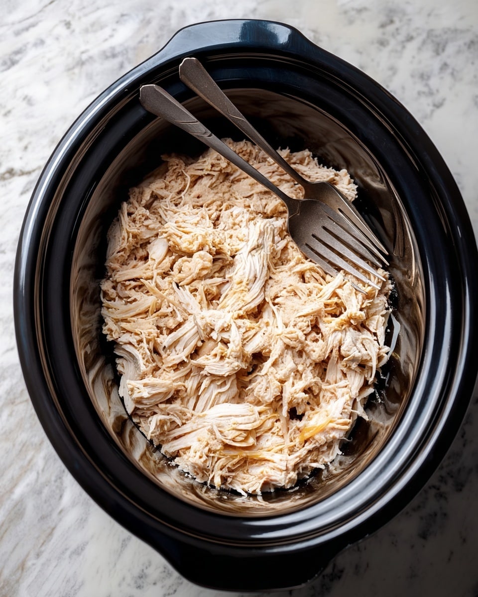 A black slow cooker filled with shredded light beige cooked chicken. The chicken fills the cooker in one thick, uneven layer with visible texture of shredded meat strands. Two old-looking silver forks rest on the top right edge of the cooker, angled slightly to the left. The cooker sits on a white marbled textured surface. photo taken with an iphone --ar 4:5 --v 7