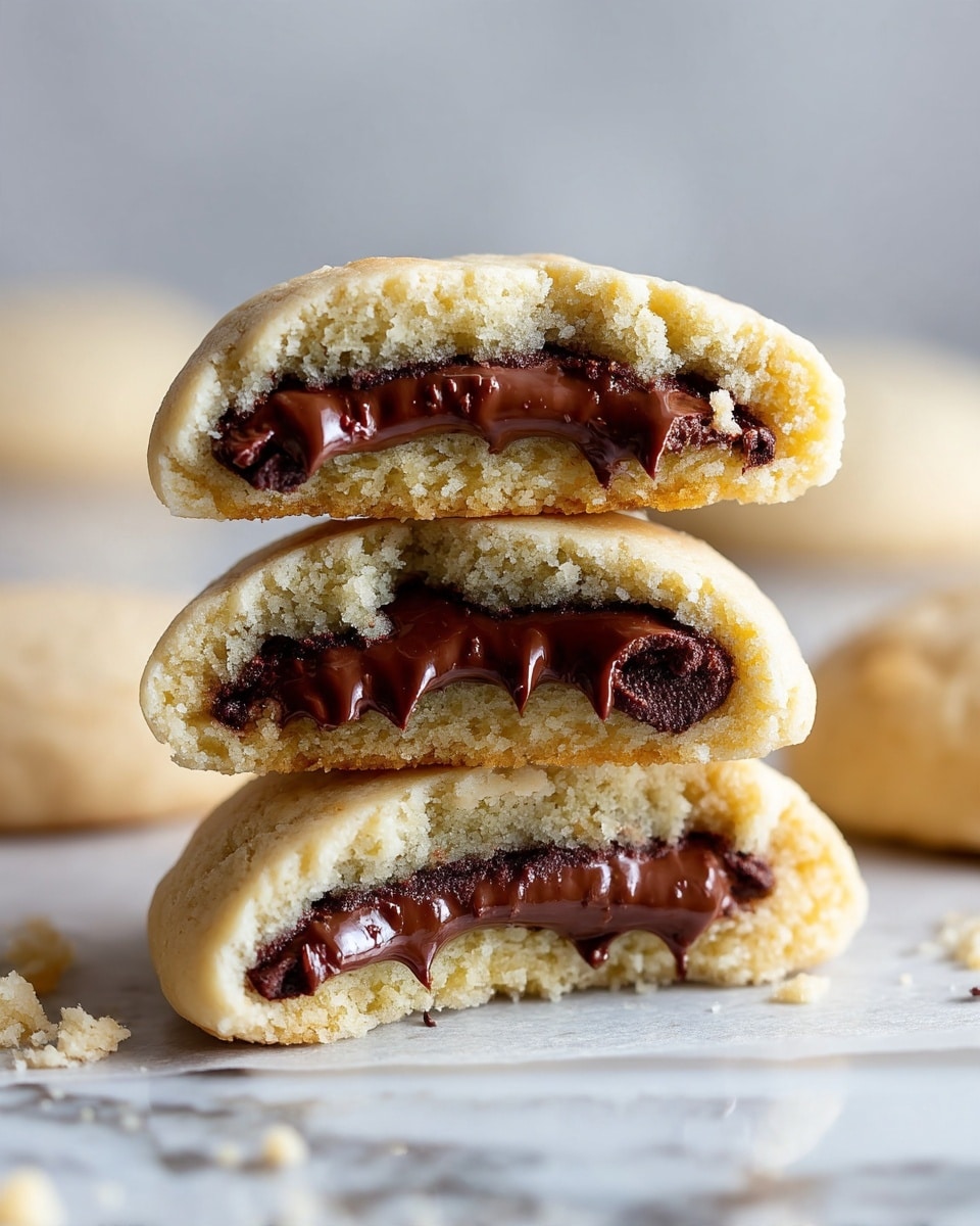 A close-up view shows three light beige cookies stacked on top of each other, each cookie broken in half to show a thick, rich dark chocolate layer inside. The cookie dough looks soft and slightly crumbly with a smooth surface, while the chocolate filling is shiny and creamy, spreading evenly inside each piece. The stack of cookies rests on a white marbled background with some crumbs scattered around. A whole cookie with a similar light beige color sits nearby on the same white marbled surface. The photo is taken with an iphone --ar 4:5 --v 7
