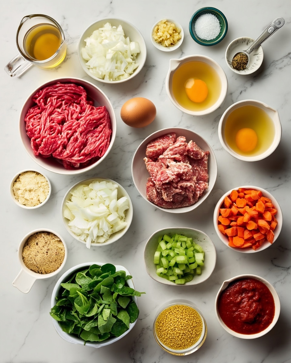 The image shows a neat arrangement of various cooking ingredients on a white marbled surface. There are two main bowls in the center, one filled with bright red raw ground beef and the other with lighter pink raw ground meat, likely pork or sausage. Around these, smaller white bowls contain chopped white onions, green celery, orange carrots, and vibrant green spinach leaves. Additional small white bowls hold minced garlic, dried herbs, salt, and pepper, while a few other containers include a brown spice mix, grated pale cheese, and yellow grains that look like millet or couscous. Two clear glass pitchers hold broths or stock, and a clear container of olive oil is also present. A single brown egg and a small bowl of red tomato paste complete the ingredients. All items are placed in an orderly fashion, emphasizing their fresh and colorful nature. Photo taken with an iphone --ar 4:5 --v 7