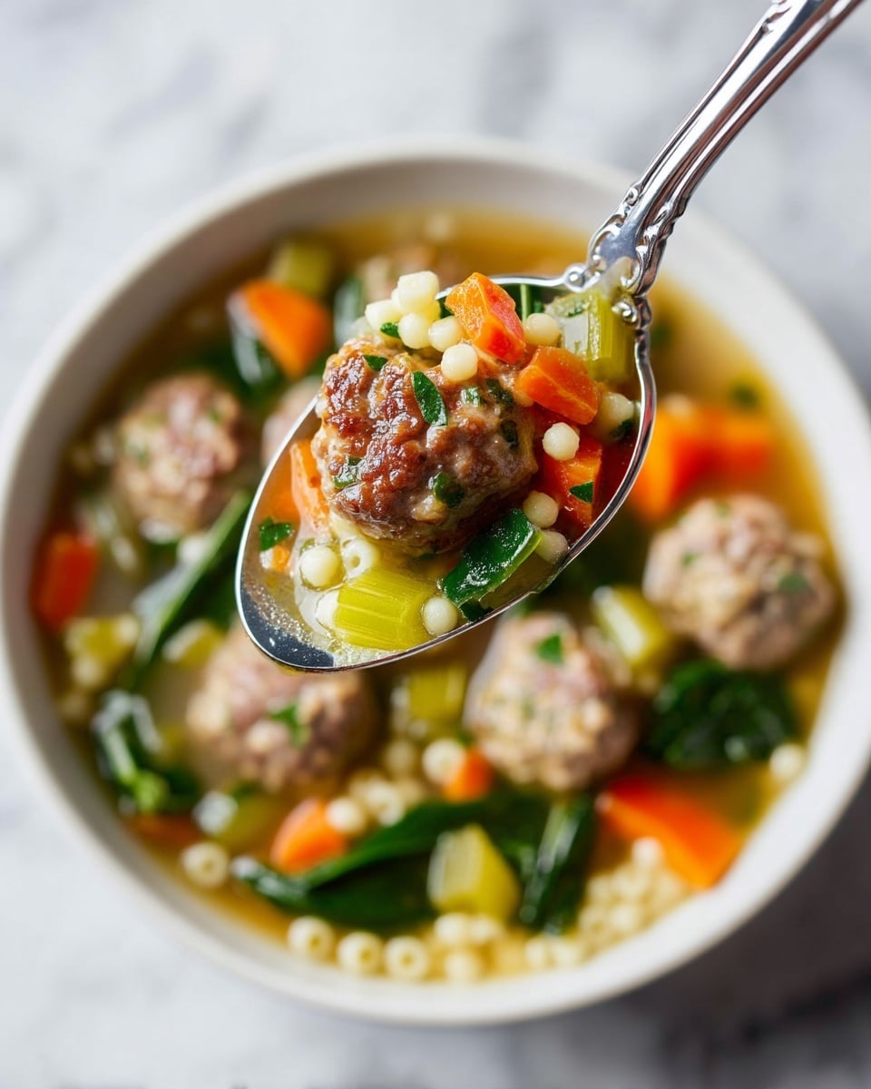 The image shows a close-up of a spoon holding a bite of soup with a meatball, small pasta pearls, diced orange carrot, green celery, and dark green leafy vegetables. Below the spoon, there are several meatballs surrounded by more pieces of carrot, celery, and leafy greens, all sitting in a light broth with small pasta pearls. The food is presented in a white bowl placed on a white marbled surface. The textures of the meatballs look soft and moist, and the vegetables are brightly colored, adding freshness to the dish. Photo taken with an iphone --ar 4:5 --v 7
