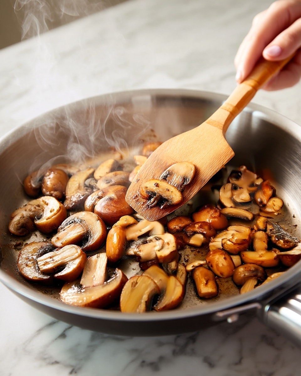 The image shows a close-up of cooked mushroom pieces inside a pan on a white marbled surface. The mushrooms are golden brown and slightly shiny, with some darker caramelized spots. A woman's hand is holding a wooden spatula, stirring the mushrooms gently. The mushrooms have a soft texture with small sliced layers visible. Steam is rising from the pan, showing that the mushrooms are hot. Photo taken with an iphone --ar 4:5 --v 7
