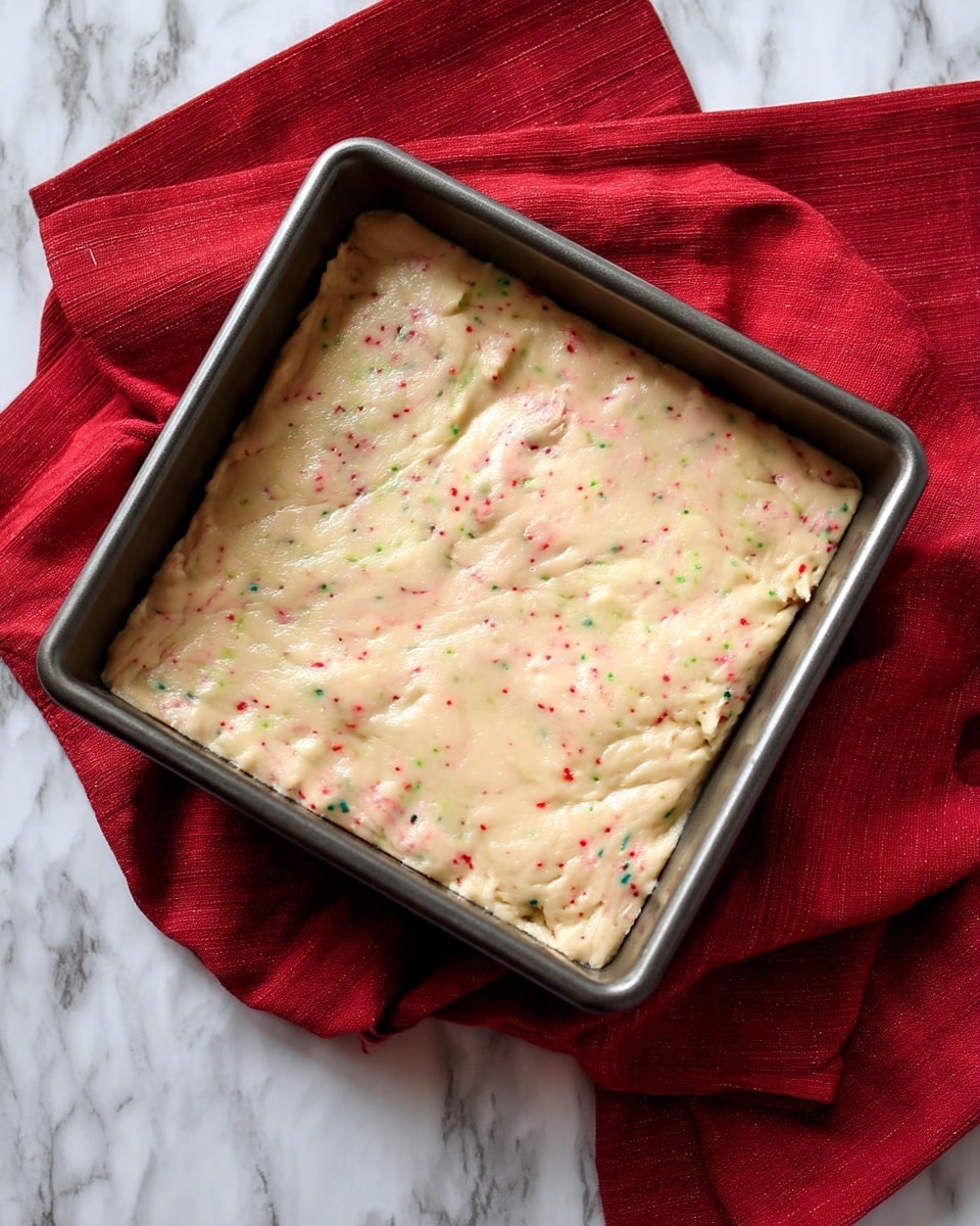 A thick layer of light beige dough with small red, green, and blue sprinkles is spread evenly inside a square metal baking pan, which is placed on a red cloth over a white marbled surface. The dough surface shows slight unevenness and a soft texture, with a few gentle creases. photo taken with an iphone --ar 4:5 --v 7