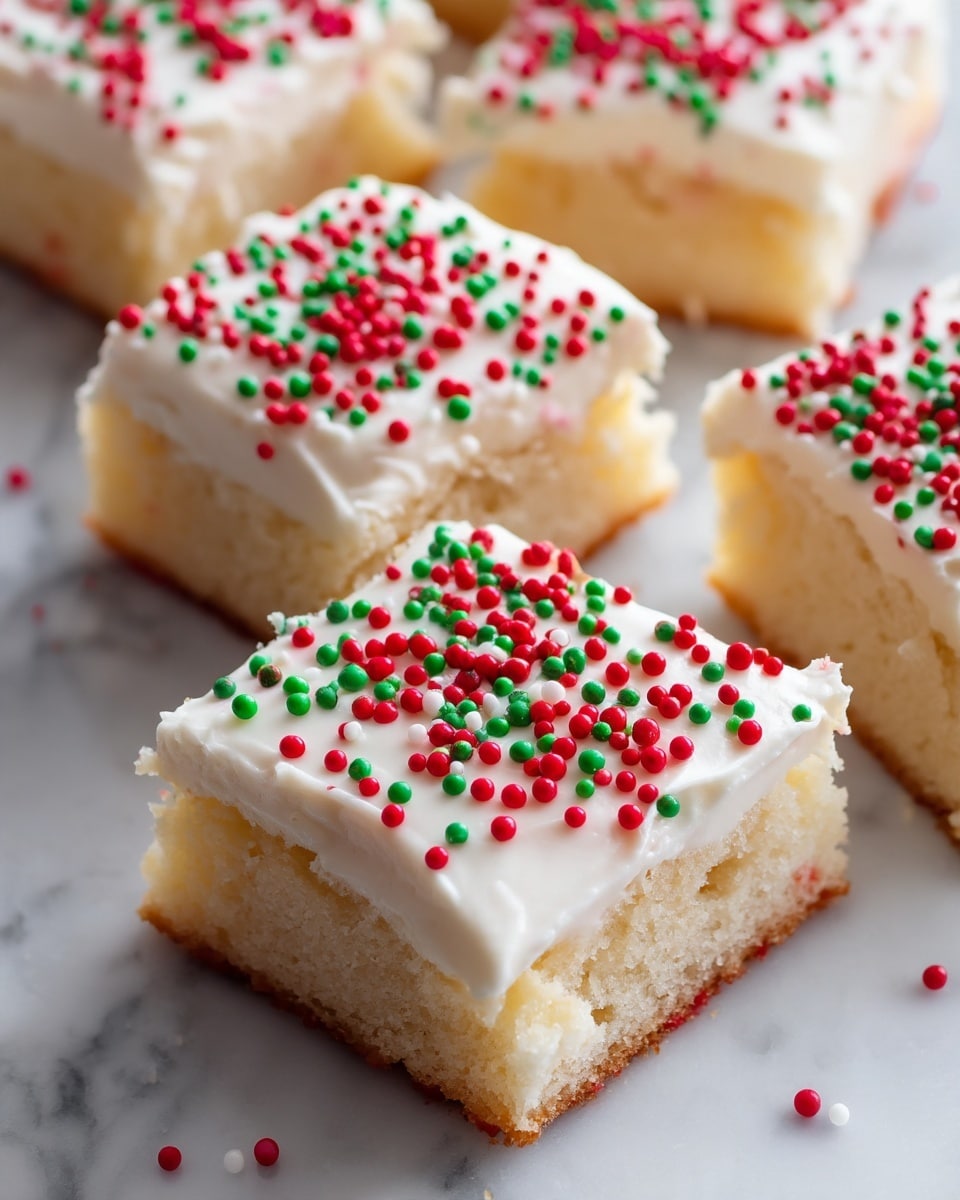 The image shows several square pieces of soft white cake with a smooth layer of white frosting on top. Each piece is decorated with small red and green round sprinkles evenly spread over the frosting. The cake squares are closely arranged on a white marbled surface, showing the soft texture of the cake beneath the frosting. photo taken with an iphone --ar 4:5 --v 7