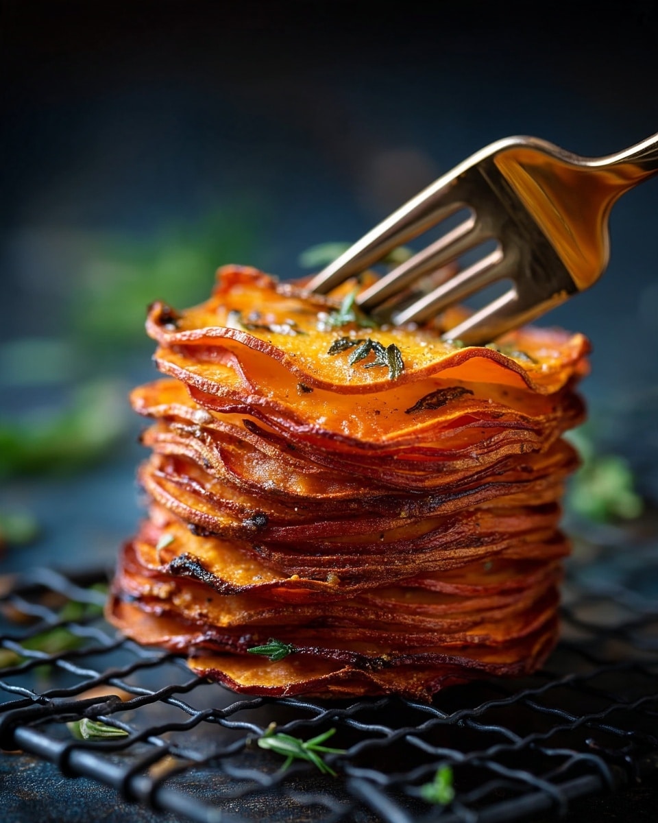 The image shows a close-up of a stack of thin, wavy orange-brown slices of roasted sweet potatoes arranged in layers, held together like a small tall tower on a black wire rack over light paper. A fork with a shiny silver handle is piercing the top of the stack. The background is dark and blurred, highlighting the texture and slight crispiness of the layered sweet potato slices, with some herbs visible among the layers. photo taken with an iphone --ar 4:5 --v 7