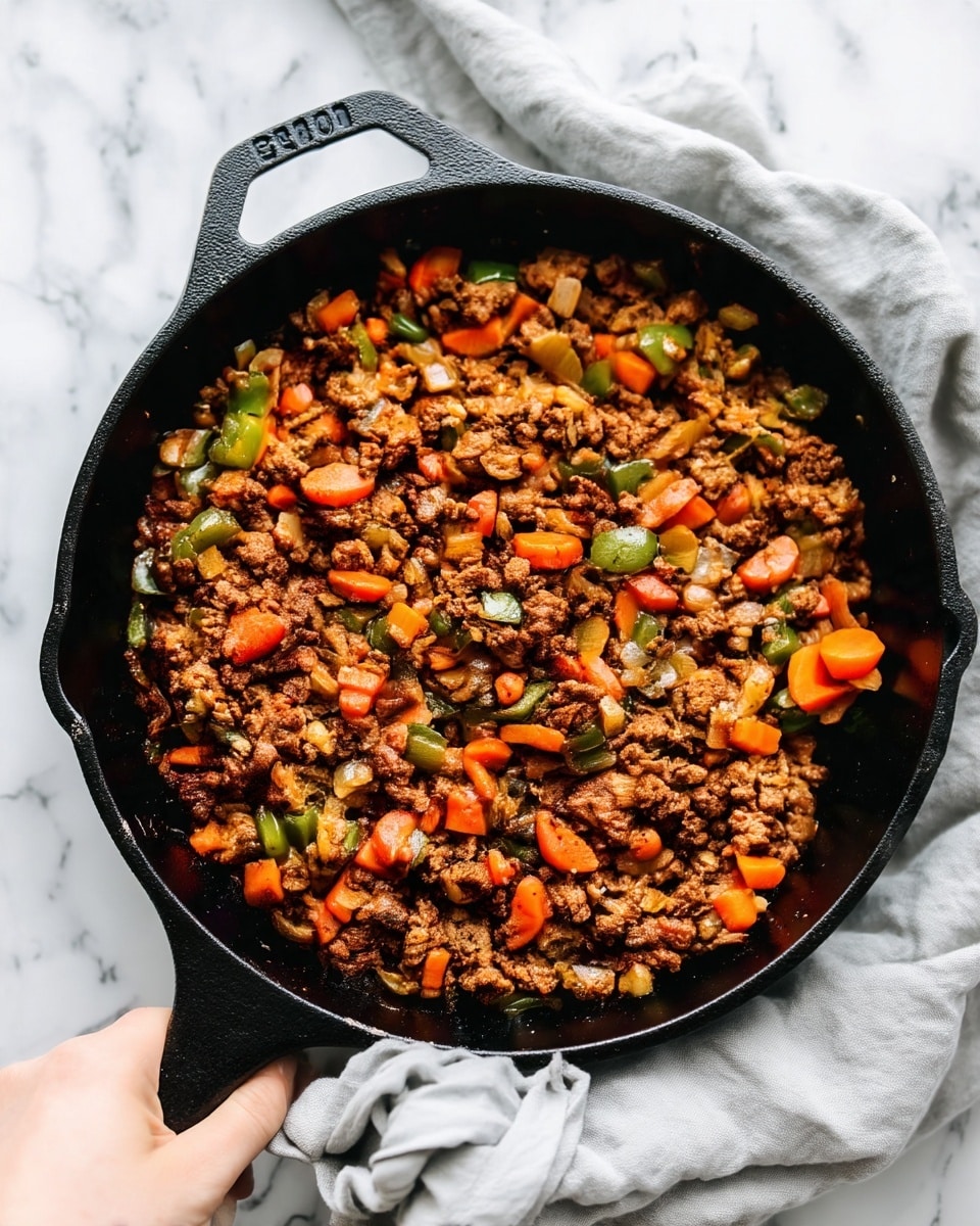 A close-up view of a black cast iron pan filled with cooked ground meat mixed with diced orange carrots, green bell peppers, and translucent cooked onions. The ingredients are evenly distributed, showing the rich brown color of the meat with the bright pops of the vegetables throughout. A woman's hand wrapped in a light gray cloth holds the pan from the bottom right corner. The background is a white marbled texture. photo taken with an iphone --ar 4:5 --v 7