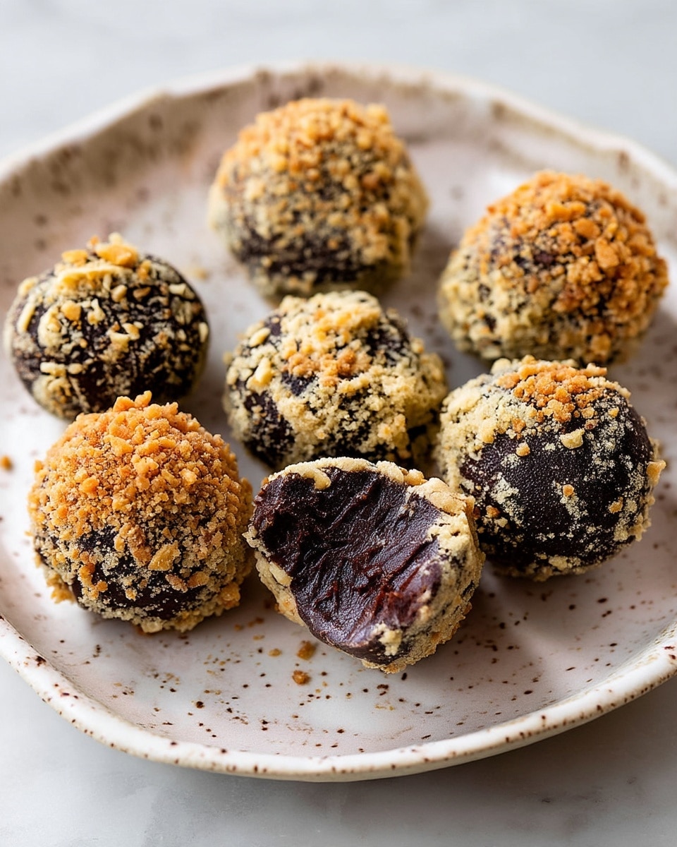 The image shows several round dessert balls on a white marbled surface. Each ball has two clear layers: the inside layer is dark brown, smooth, and fudgy, while the outer layer is a light tan crumbly coating, giving a textured look. One dessert ball in the center is bitten into, revealing the thick dark interior with bite marks and the nutty outer crumb. The lighting highlights the contrast between the dark rich inside and the rough light outer layer, creating a soft and inviting visual. Photo taken with an iphone --ar 4:5 --v 7