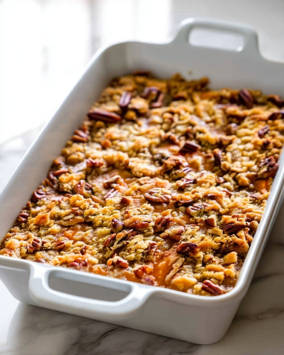 A close-up of a white rectangular baking dish filled with a freshly baked dessert that has one visible layer. The top layer is golden brown with a crumbly texture, studded with whole and chopped pecans scattered evenly across the surface. The dessert looks warm and slightly crunchy on top with a soft, dense layer underneath that is barely visible. The dish is set on a white marbled surface. Photo taken with an iphone --ar 4:5 --v 7
