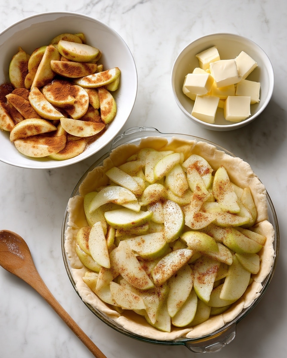 A transparent glass pie dish holds a single layer of light beige pie dough pressed neatly into the edges, filled with a thick layer of pale green apple slices sprinkled with brown cinnamon powder. To the left, a white bowl contains more apple slices coated with cinnamon, with a wooden spoon resting inside. On the top right, a small white bowl holds several small cubes of butter. All items are placed on a white marbled surface. The photo taken with an iphone --ar 4:5 --v 7