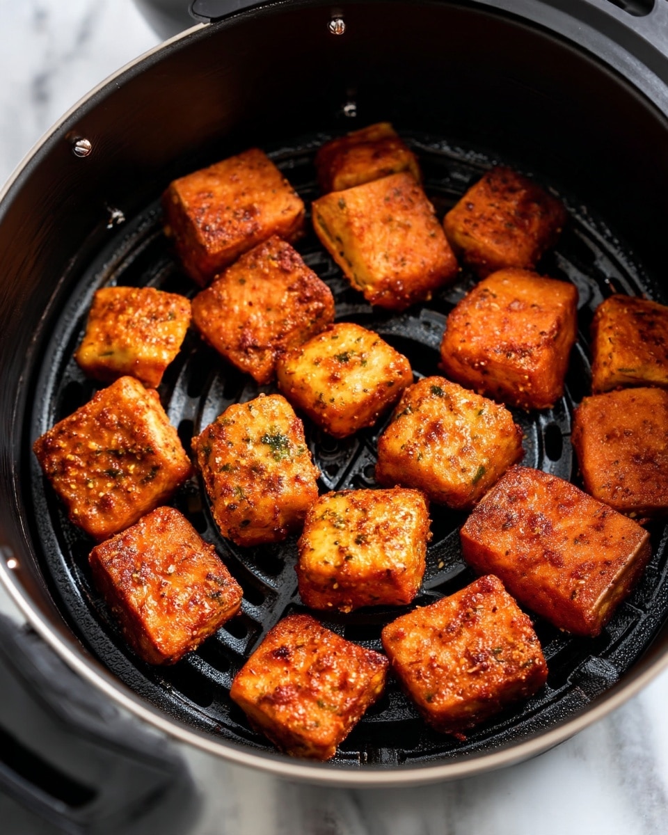 The image shows an air fryer basket filled with several evenly spaced, golden-brown cubes of cooked salmon. Each salmon cube has a slightly crispy, seasoned surface with visible herbs and spices, giving it a textured look. The pieces are arranged in a loose circular pattern inside the black air fryer basket, which rests on a white marbled surface. The focus is clear on the salmon's slightly rough and spiced exterior, highlighting their cooked texture and warm color tones. photo taken with an iphone --ar 4:5 --v 7